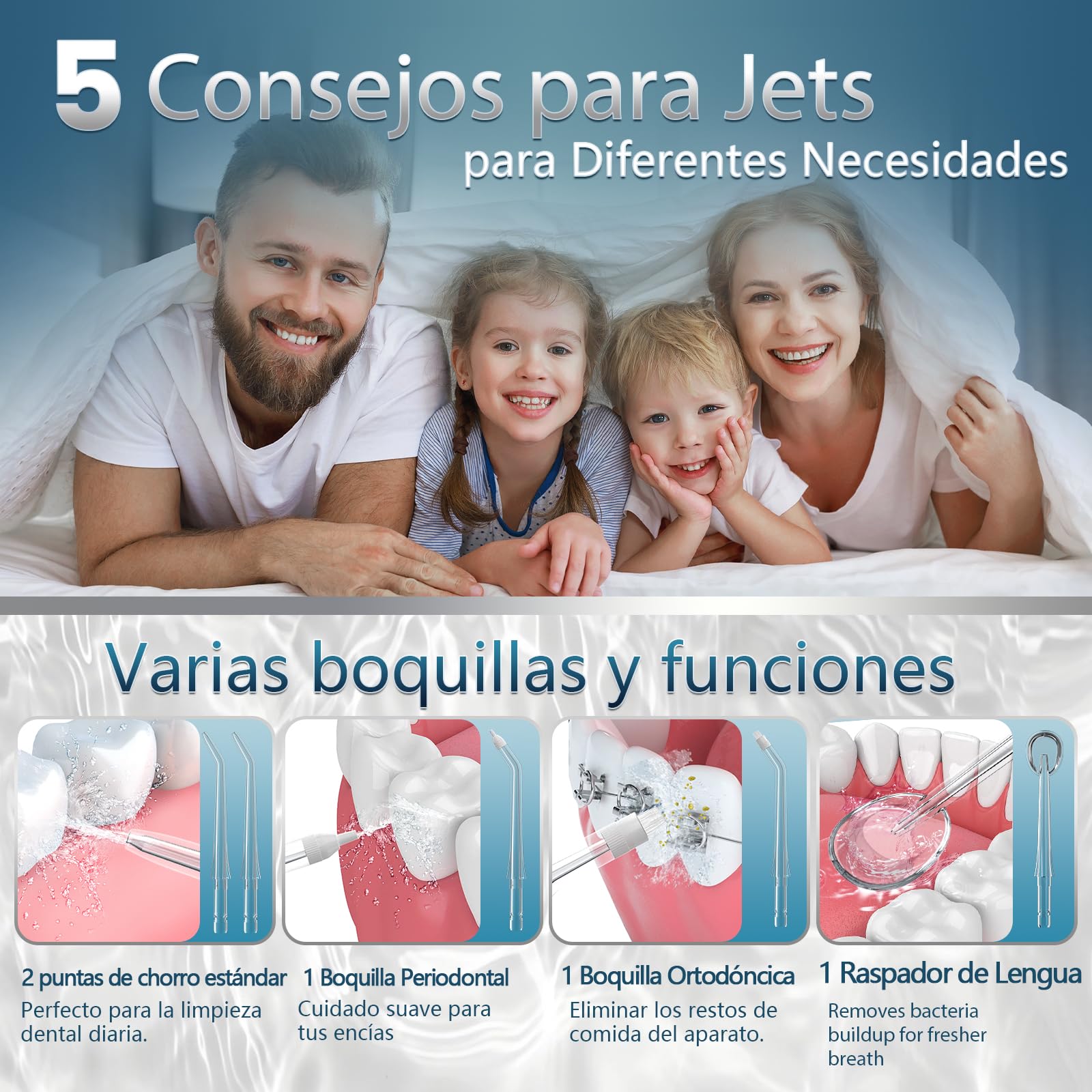 OasiSmile Irrigador Dental, 300ML Irrigador Bucal Profesional con Tecnología DIY Autoajustable, 5 Boquillas y 4 Modos, Para Ortodoncia y Encías Sensibles, Inalámbrico IPX7 para Viaje Hogar, Morado