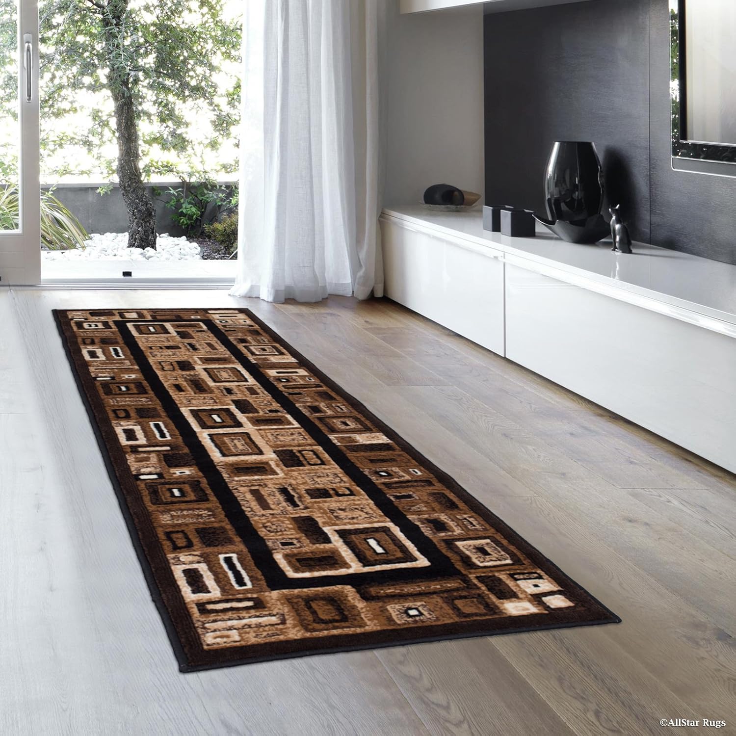 Allstar 2x7 Black Abstract Machine Carved Runner with Mocha and Espresso Geometric Design (1' 11" x 7' 1")