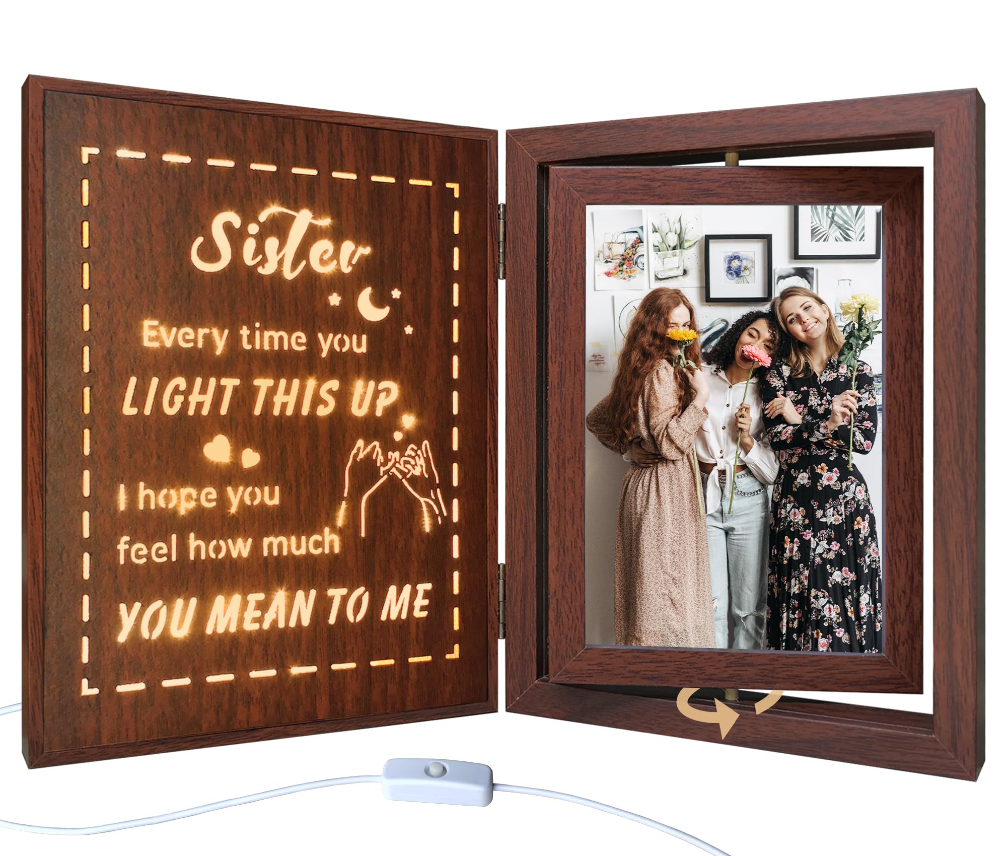 soruney Sister Light Up Photo Frame, Rotating Wood Gift for Soul Sissy
