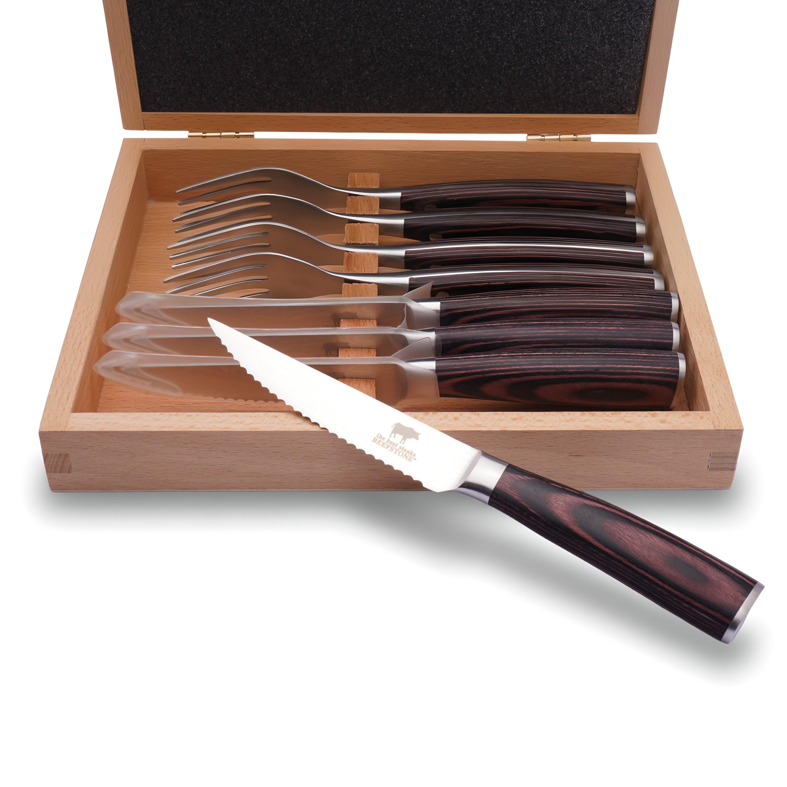 Steakbesteck Set 8-teilig, 4 Steakmesser mit Wellenschliff + 4 Steakgabeln, Ergonomische Pakka-Holzgriffe, Geschenkbox aus Holz