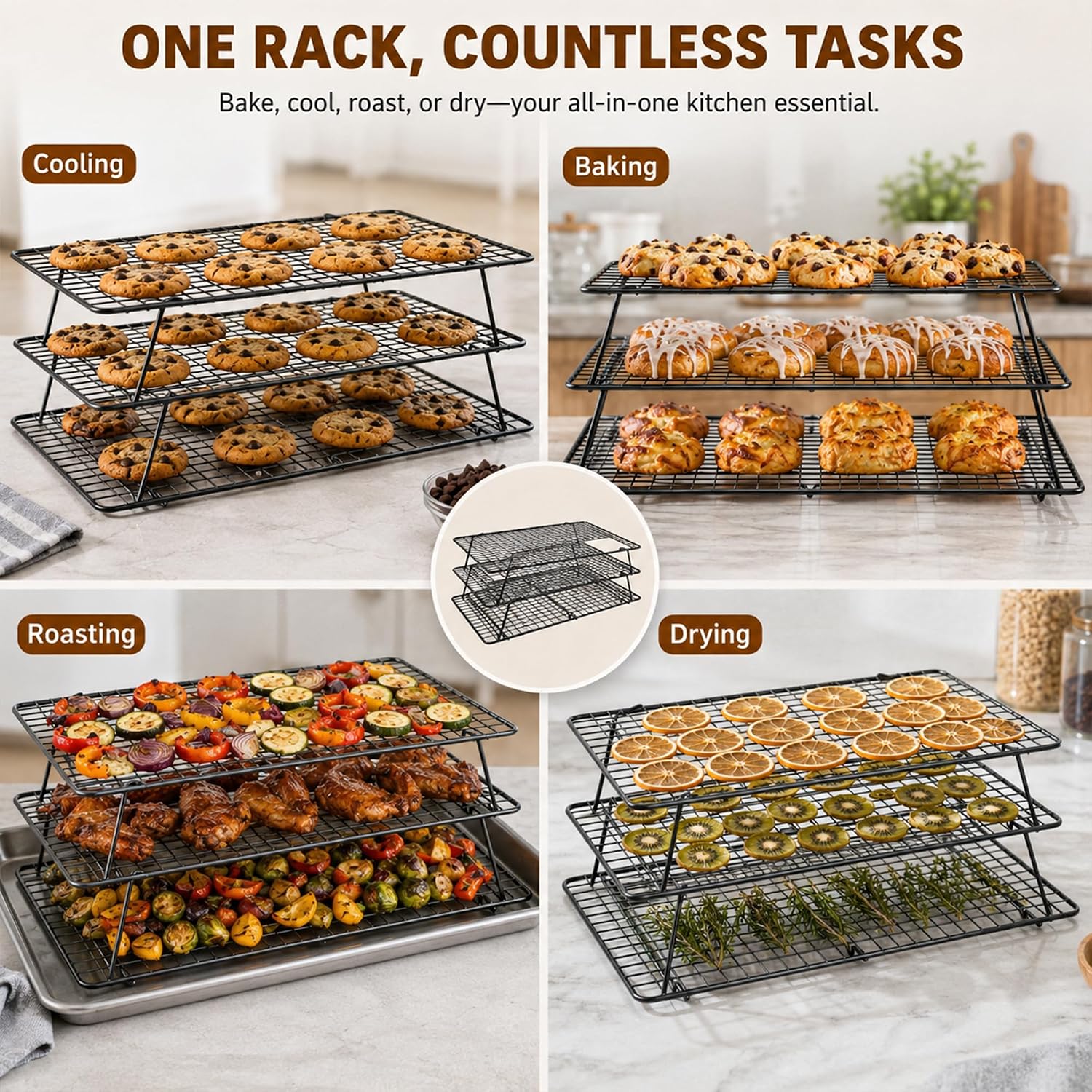 Cooling Rack 16"x10", 3-Tier Stackable & Collapsible Cooling Racks