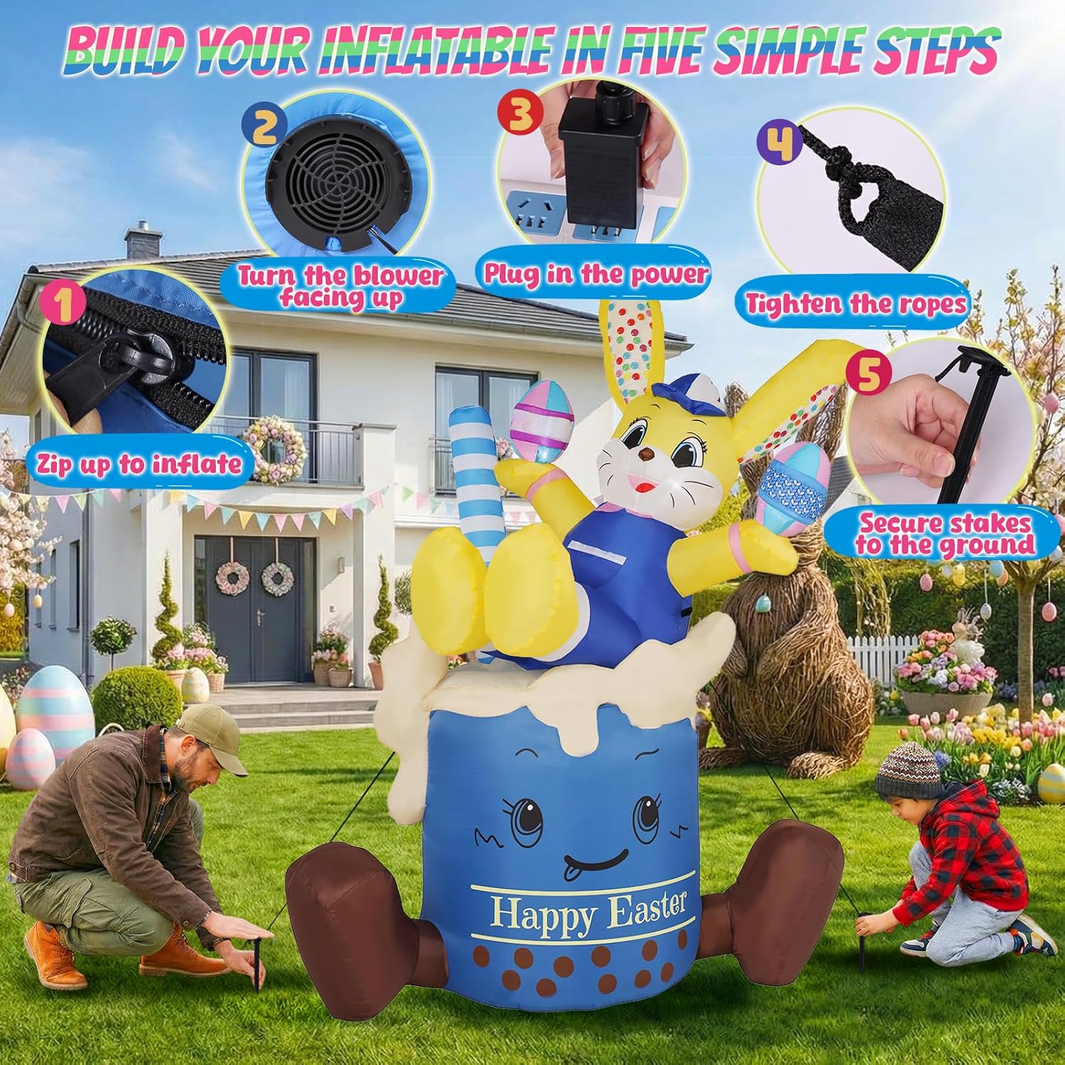 7.3FT Easter Inflatable Bunny Outdoor Decorations, Giant Yellow Bunny in Blue Cup with Built-in LED Lights, Waterproof Blow Up Yard Decor for Lawn, Garden, Porch, Easter Party