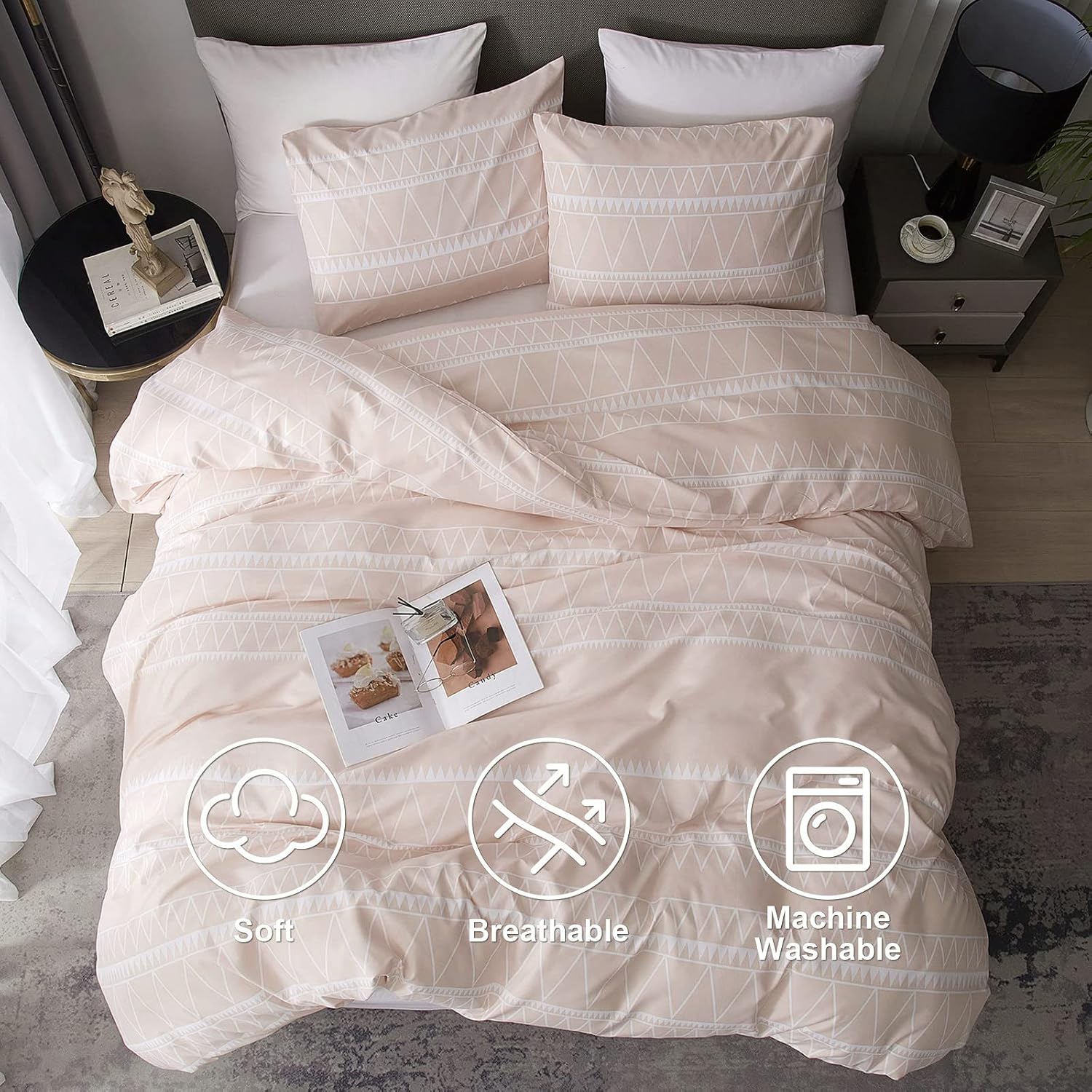 HYPREST Light Pink Duvet Covers Queen- 3 Pcs Aesthetic Soft Pink Comforter Cover Queen Size, Boho Bedding Set with Zipper Closure and Corner Ties - Oeko-TEX Certificated