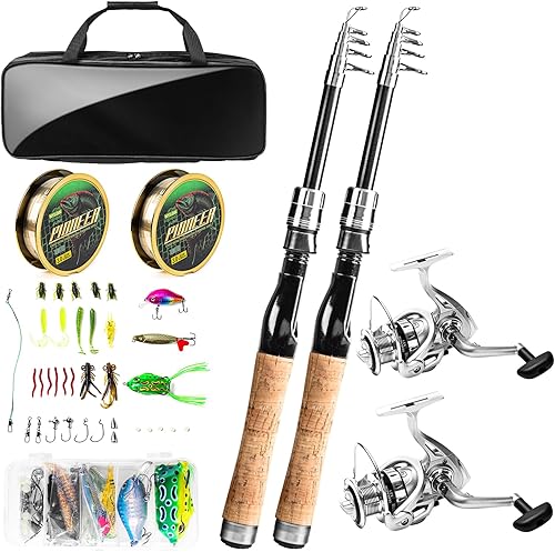 Combo de caña de pescar y carrete, 2 varillas telescópicas de fibra de carbono, carretes giratorios de agua saladadulce con señuelos, línea y bolsa
