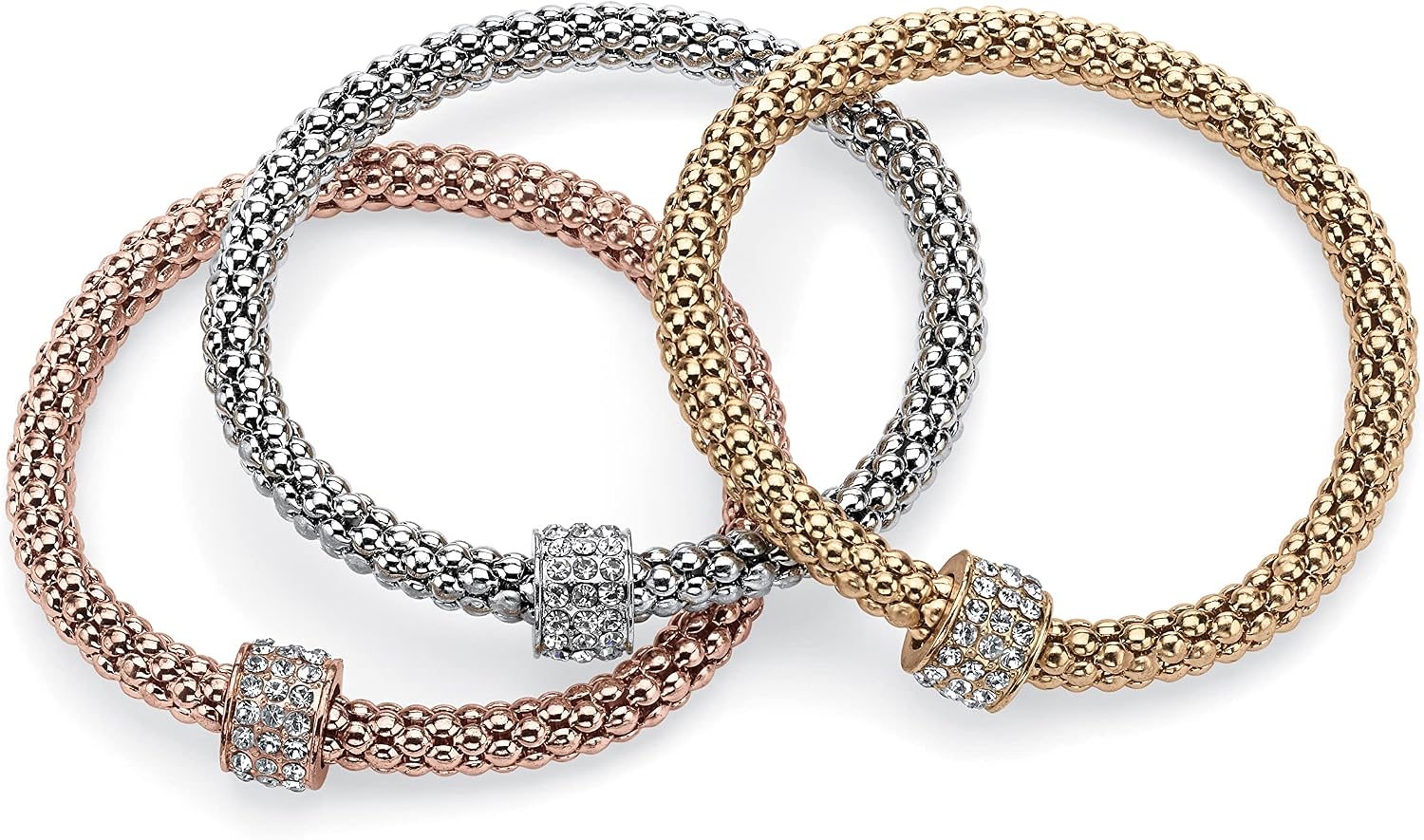 PalmBeach Goldtone Silvertone and Rose Goldtone Crystal 3 Piece Stretch Bracelet Set, 8 inch Length