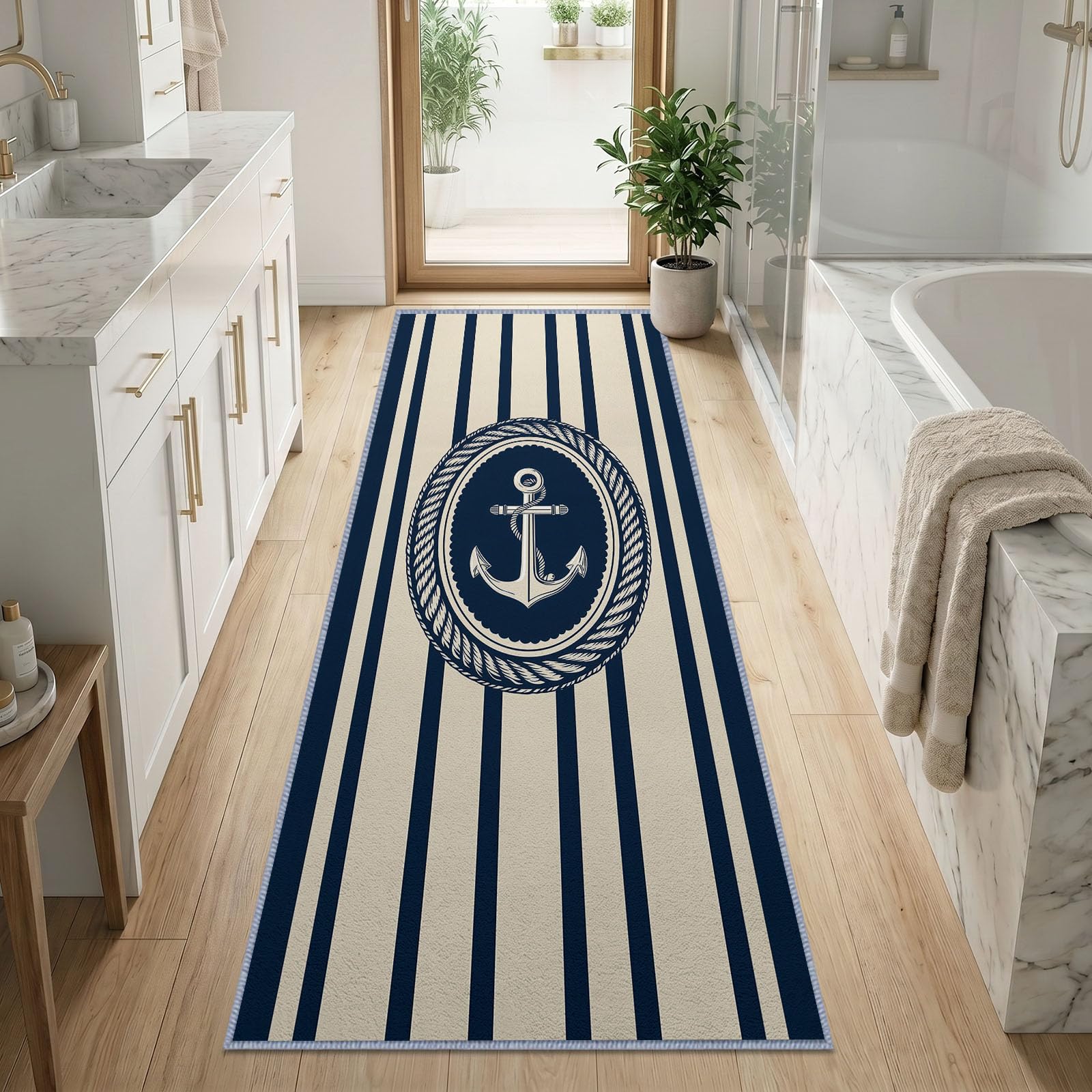 Bieżnik na korytarz 60 x 240 cm retro, z motywem morskim, pionowe paski, antypoślizgowy, wytrzymały bieżnik, mata podłogowa z gumowym spodem, można prać, do przedpokoju, kuchni, sypialni, pralni
