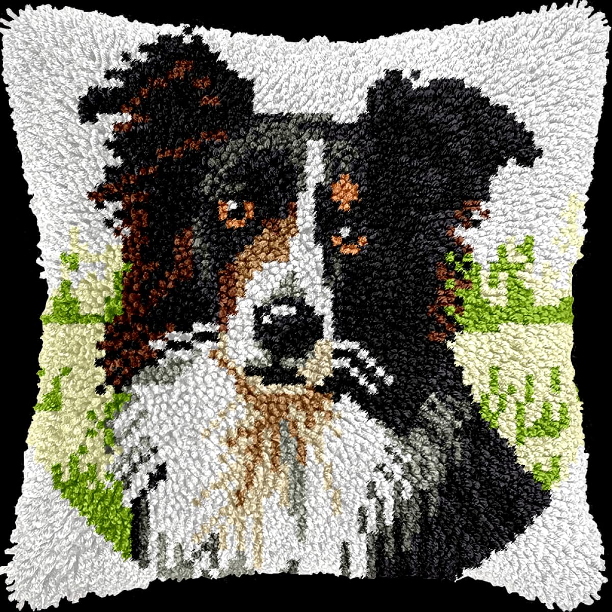 DIY Latch Hook Kit Border Collie Animal Cushion Pillow Front Chunky Cross Stitch Kit Embroidery Needlepoint Cushion Kit for Home Décor 17x17in