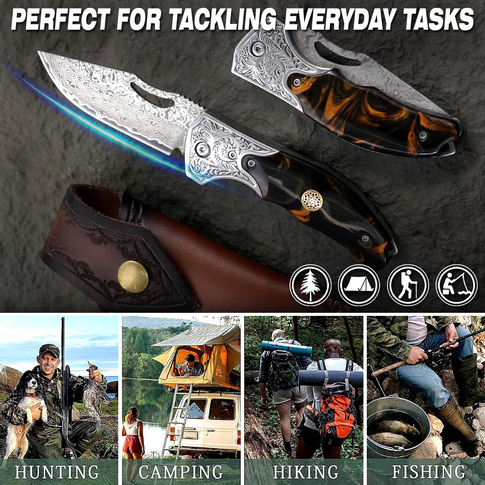 Damast Taschen Klappmesser Outdoor Messer Jagdmesser Survival Messer Bushcraft EDC Zweihandmesser Mit Harzgriff Gravur, Lederscheide Für Camping Wandern Angeln