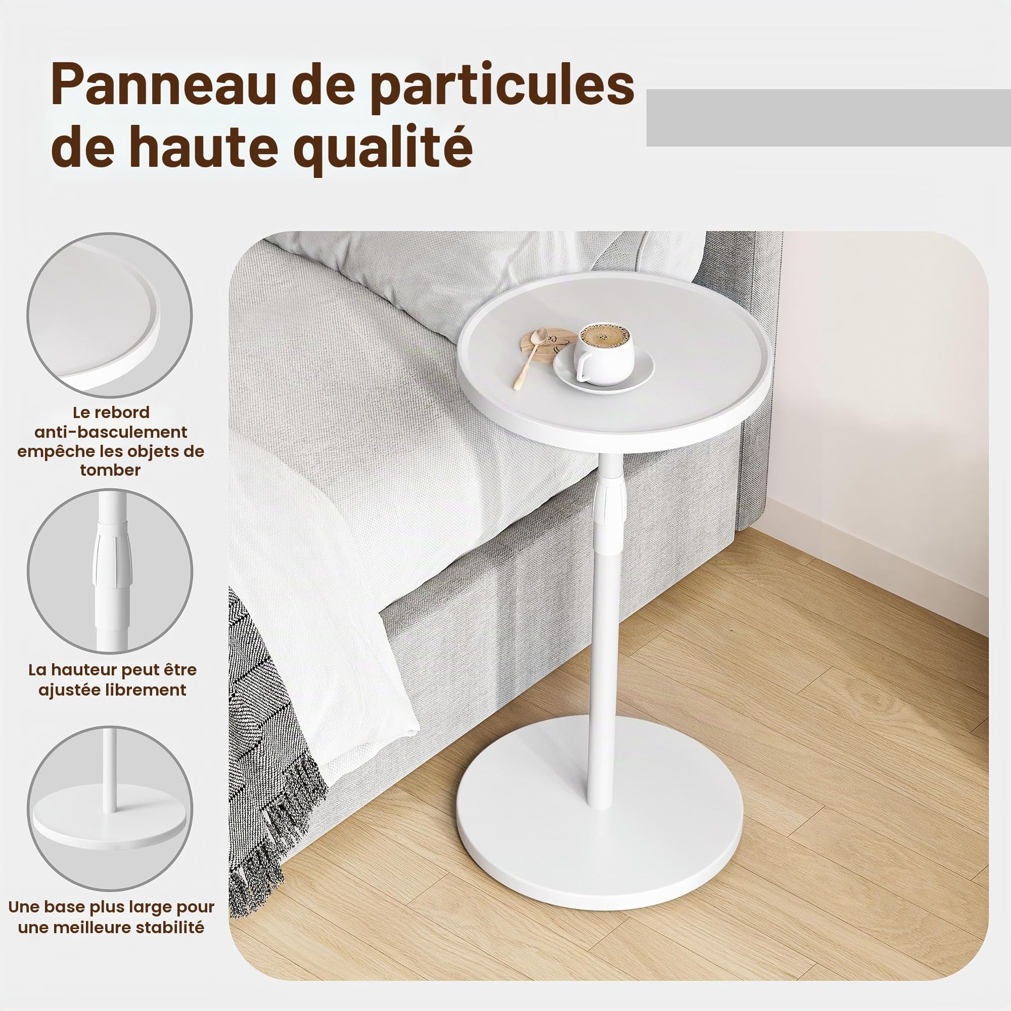 Table d'appoint Réglable en Hauteur Bout de Canape en Bois Petite Table Basse Ronde Compacte pour Petits Espaces Blanc ET-010WW