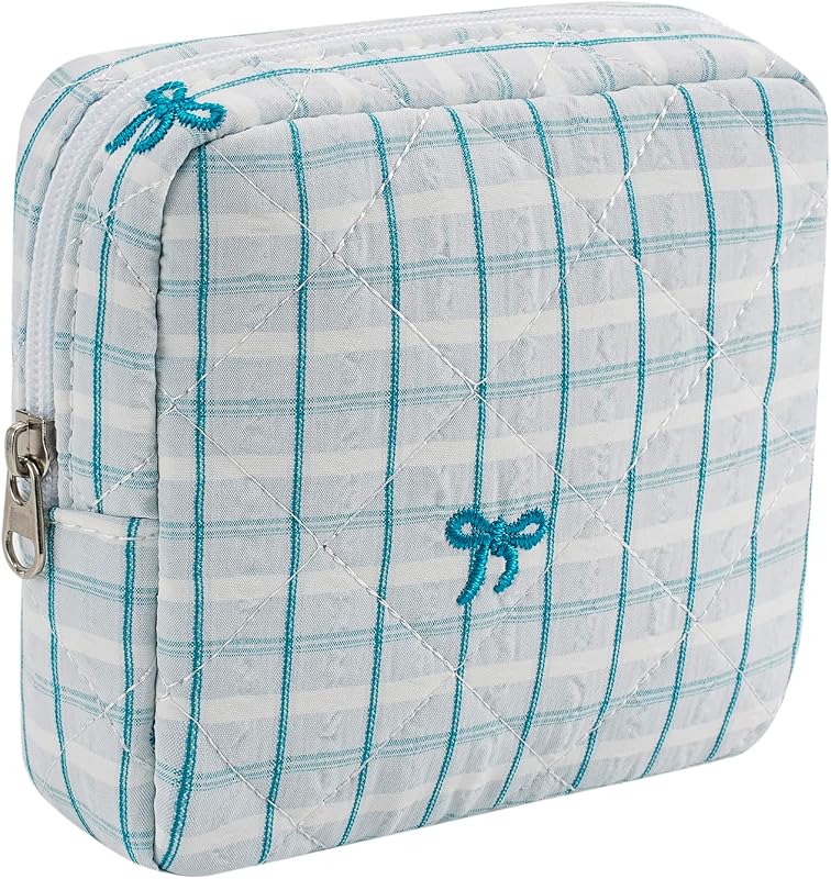 Necessaire de maquiagem acolchoada listrada RSRSLEII 25 Blue Checkered Stripes