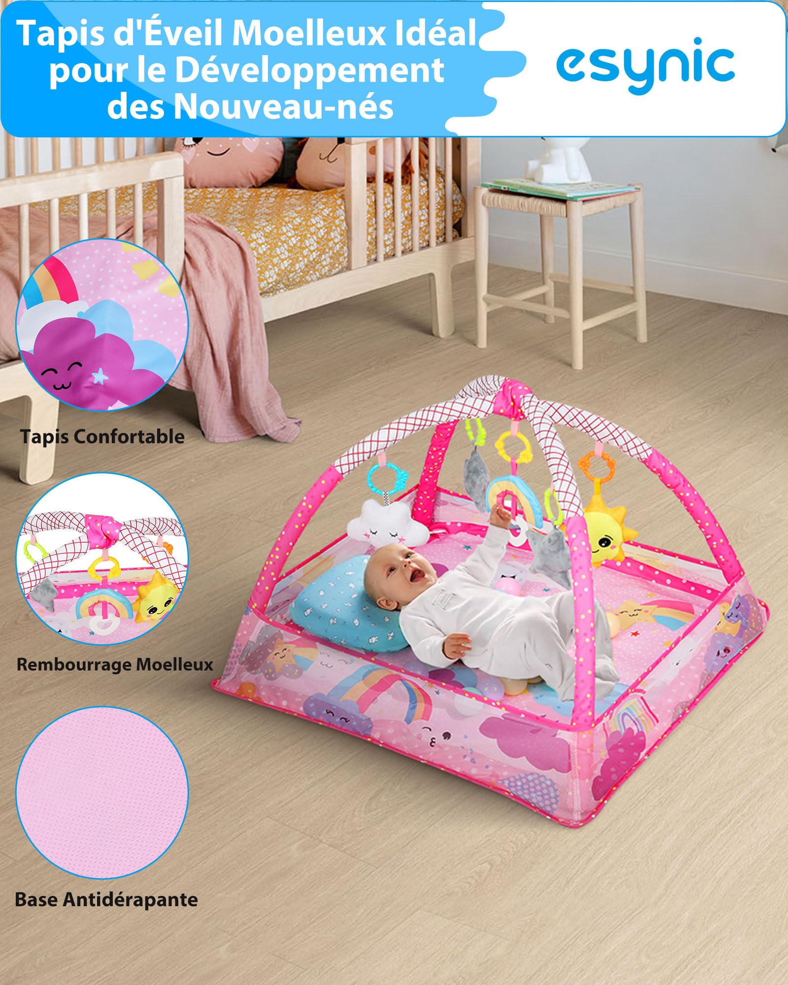 eSynic Tapis d'Éveil Bébé 77x77cm avec Arche Jouet Amovible Âgés 0-18 Mois | Clôture en Maille Respirante, Jouets Suspendus, Balles Océanique, Lavable Facile, Montage Rapide, Développement des Sens Bébé
