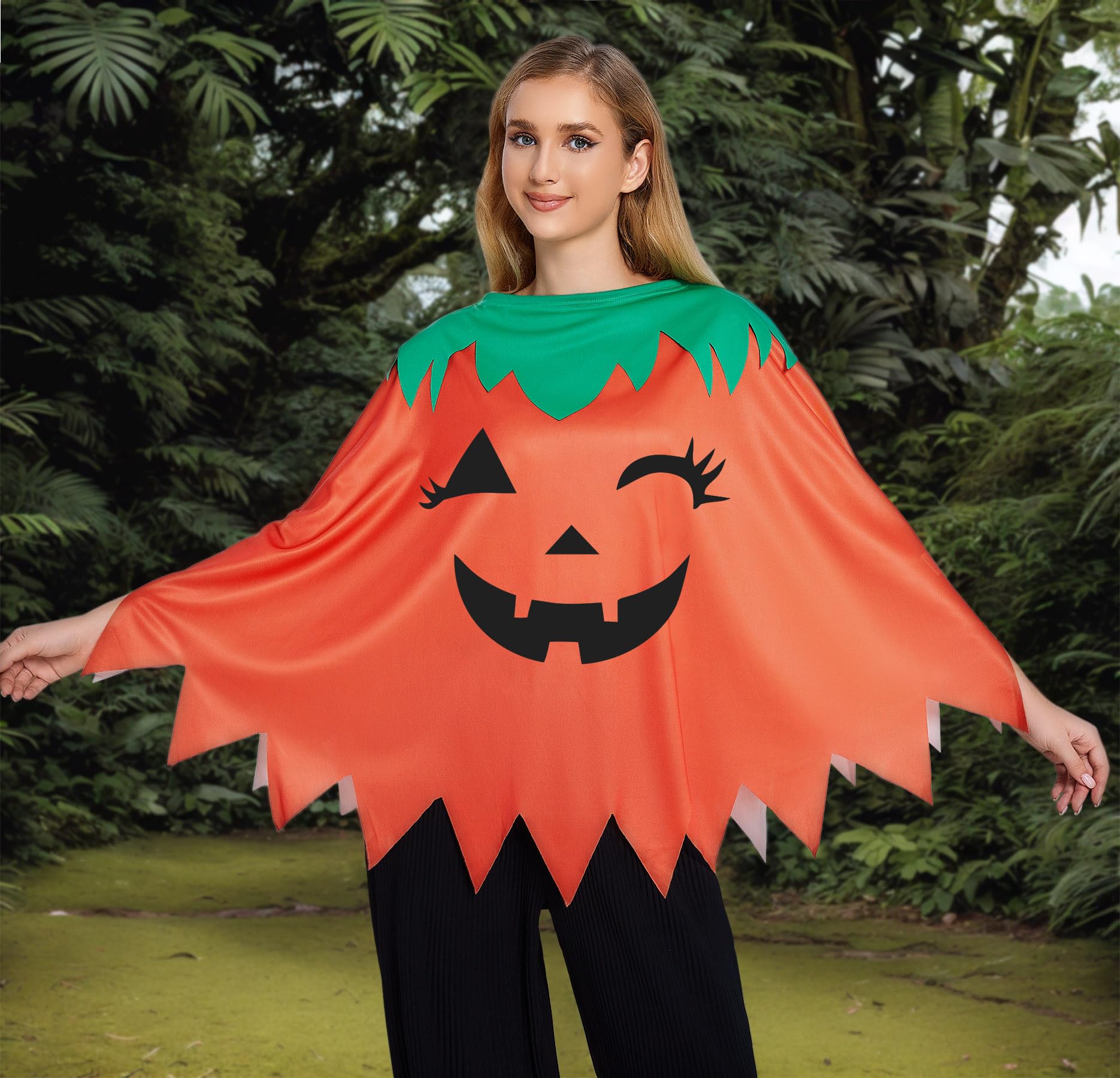 Glimnerize Halloween Pumpkin Dress Pumpkin Cape Women's Pumpkin Print Dress Smiling Poncho Costume Orange Cape Design Fun Eye-catching Carnival - Image 2