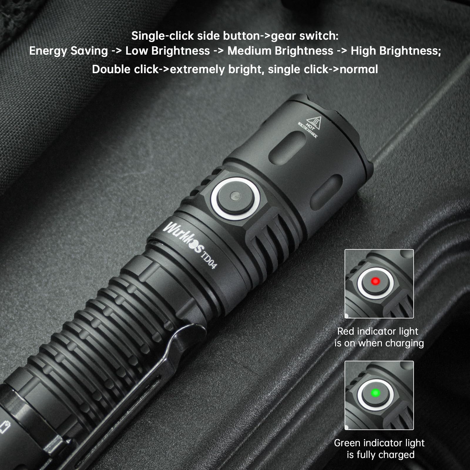 Wurkkos TD04 Torcia tattica a led ricaricabile da 5000mAh, 3000 lumen, torcia a led con interruttore tattico nero, IPX8,torcia led potente professionale torcia led ricaricabile potente