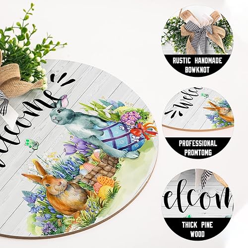 Miniatura 10 de Letrero colgante de madera con texto en inglés Happy Easter para puerta delantera, decoración rústica de puerta de Pascua con lazo, lindos ganchos