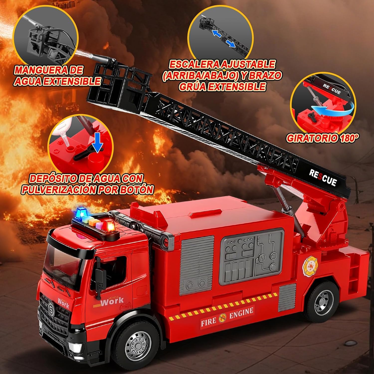 JONRRYIN Camion Bomberos Grande Juguete, Camión de Bomberos con Escalera de Rescate Extensible, Bomba Agua, Luces y Sonido, Camiones Grandes de Juguetes, Regalo para Niños y Niñas 3 4 5 6 7 8 Años