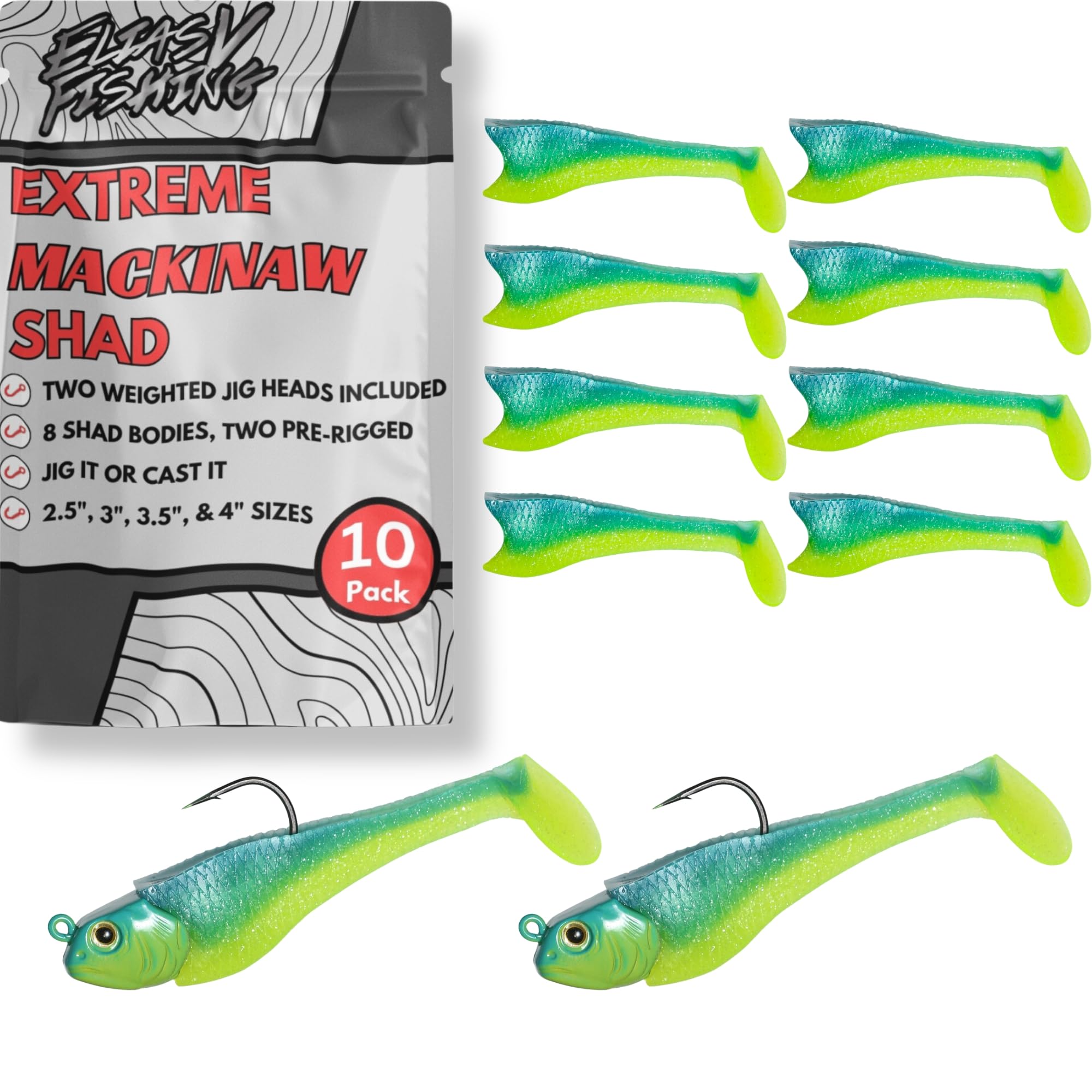 Mackinaw Shad Pre Rigged Swimbait, Paddle Tail Swim Baits, Ready to Fish Soft Plastic Swimbaits, Swim Baits for Bass Fishing, Saltwater Fishing Lures