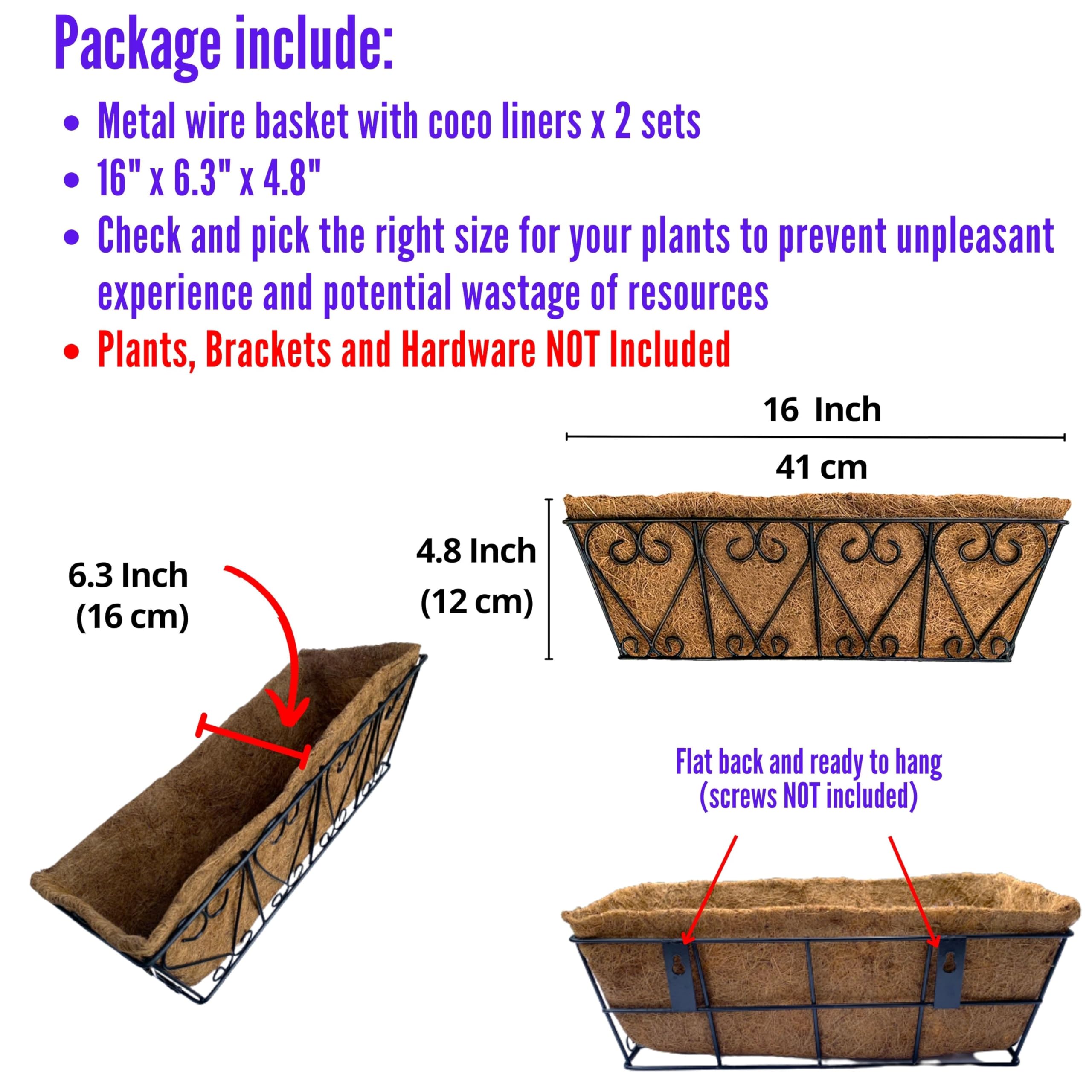 LáLáGreen Jardinières murales - Lot de 2, boîtes à fleurs de 40,6 cm pour fenêtres extérieures, pour terrasse, garde-corps, suspension en métal, panier en fil noir avec doublures en noix de coco