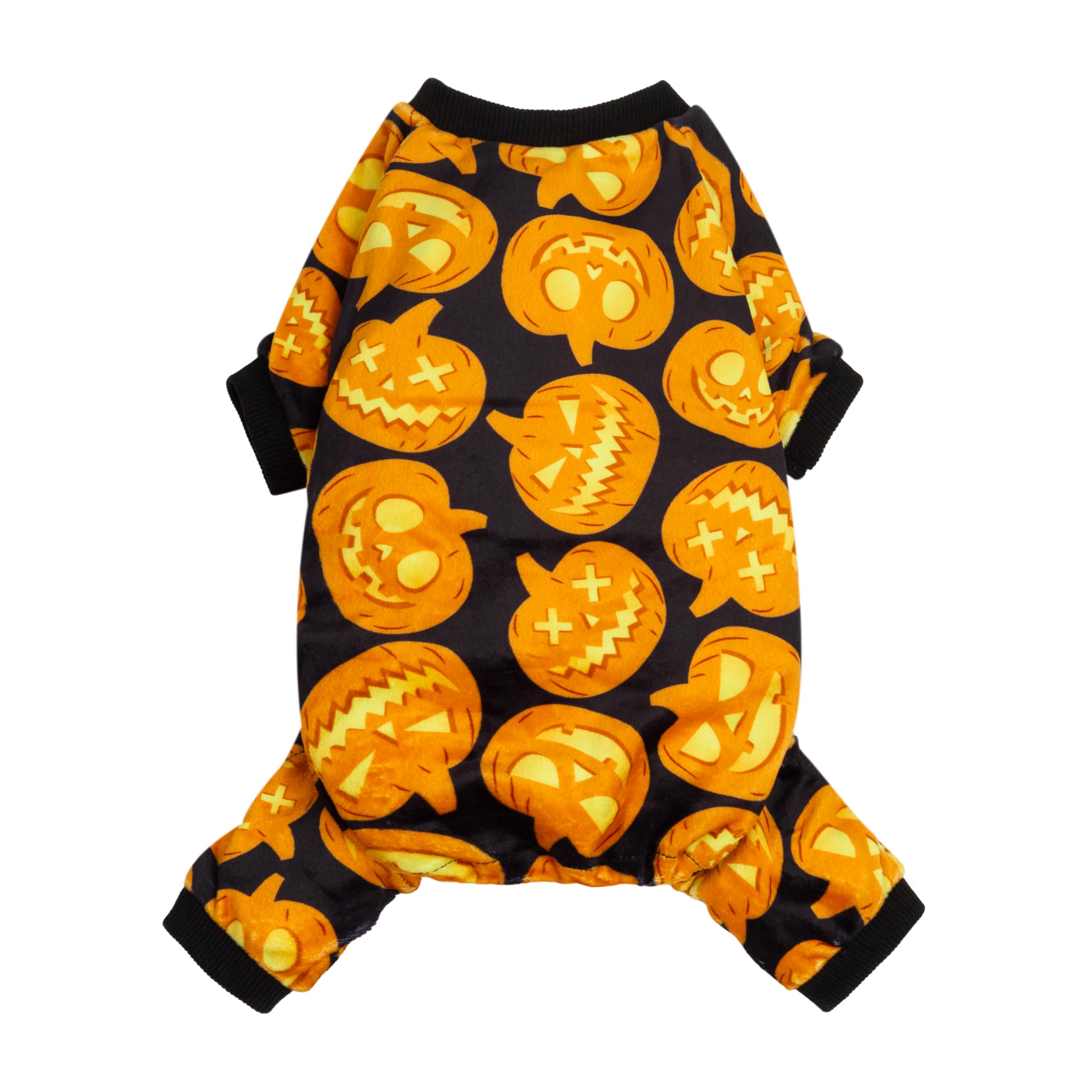 Fitwarm Halloween Pumpkin Dog Pajamas, Funny Dog Winter Clothes for Small Dogs Girl Boy, Pet Jumpsuit, Cat Halloween Costumes with Feet, Lightweight Velvet, Black, Orange, Medium — image 1