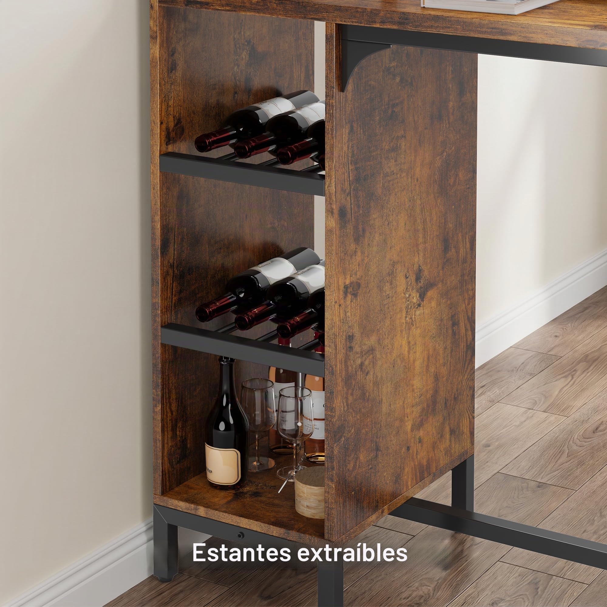 Xbro Juego de Bar con 2 Taburetes, Mesa de Bar con Portacopas de Vino y Estante, Estructura Metálica, Diseño Industrial para Bar y Comedor(Retro)