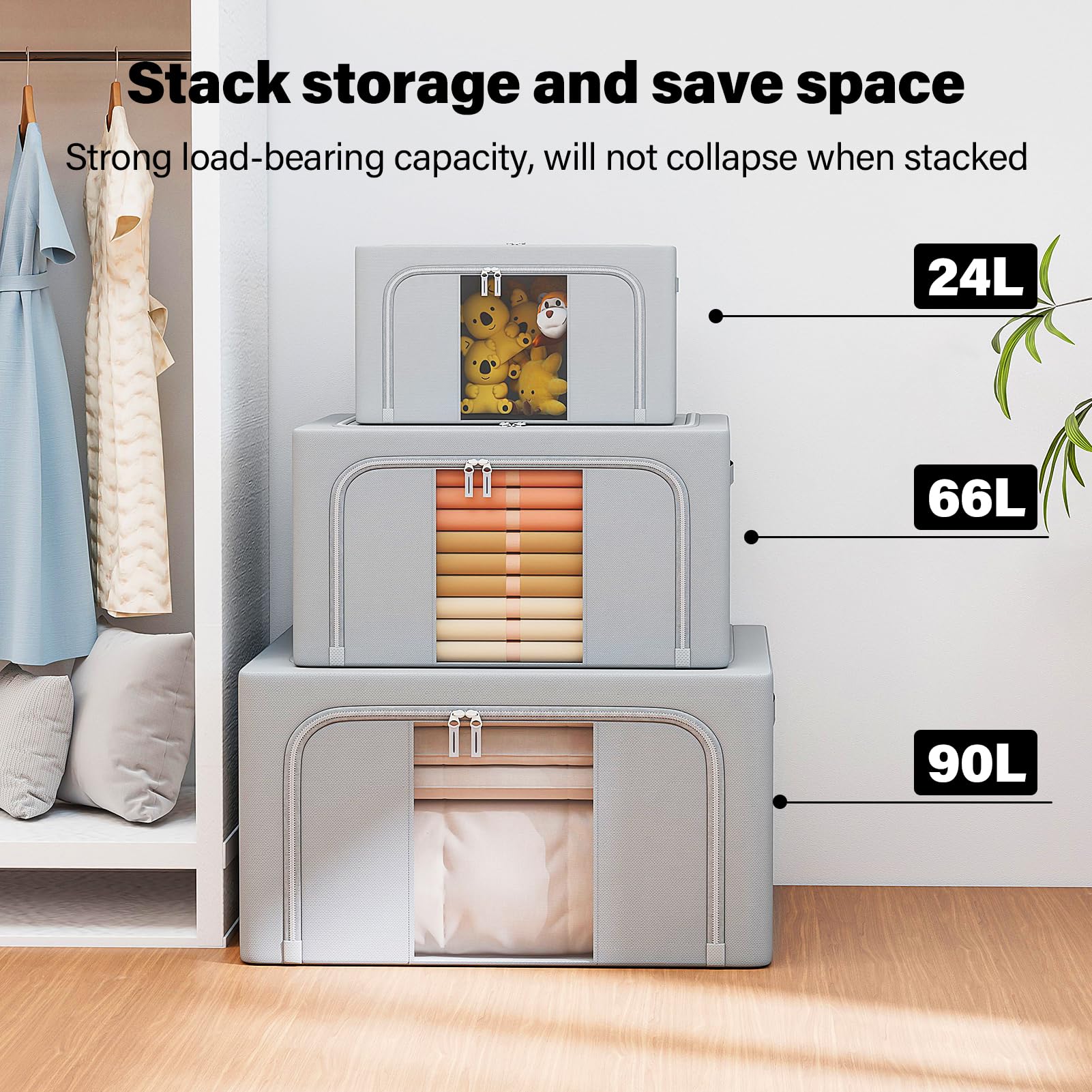 GoMaihe 3 Stück Aufbewahrungstasche mit Metallrahmen 198L - Stapelbare Aufbewahrungstasche für Bettdecken Kleidung - Faltbare Kleideraufbewahrung Box Abstellraum Kleiderschrank Organizer (Grau,66L)