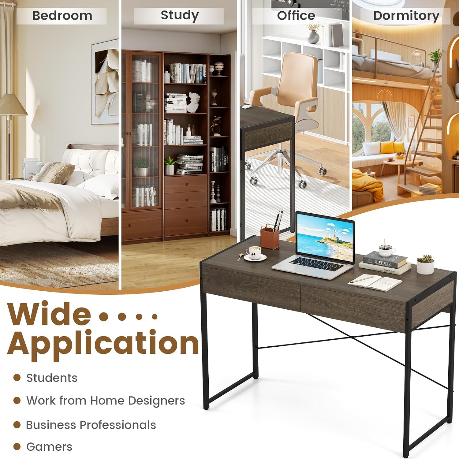 Giantex Computer Desk with 2 Drawers, 44 Inch Home Office Desk with Anti-Toppling Device & Metal Frame, Compact Laptop PC Table, Vanity Table, Modern Study Writing Desk for Small Spaces (Grey Oak)