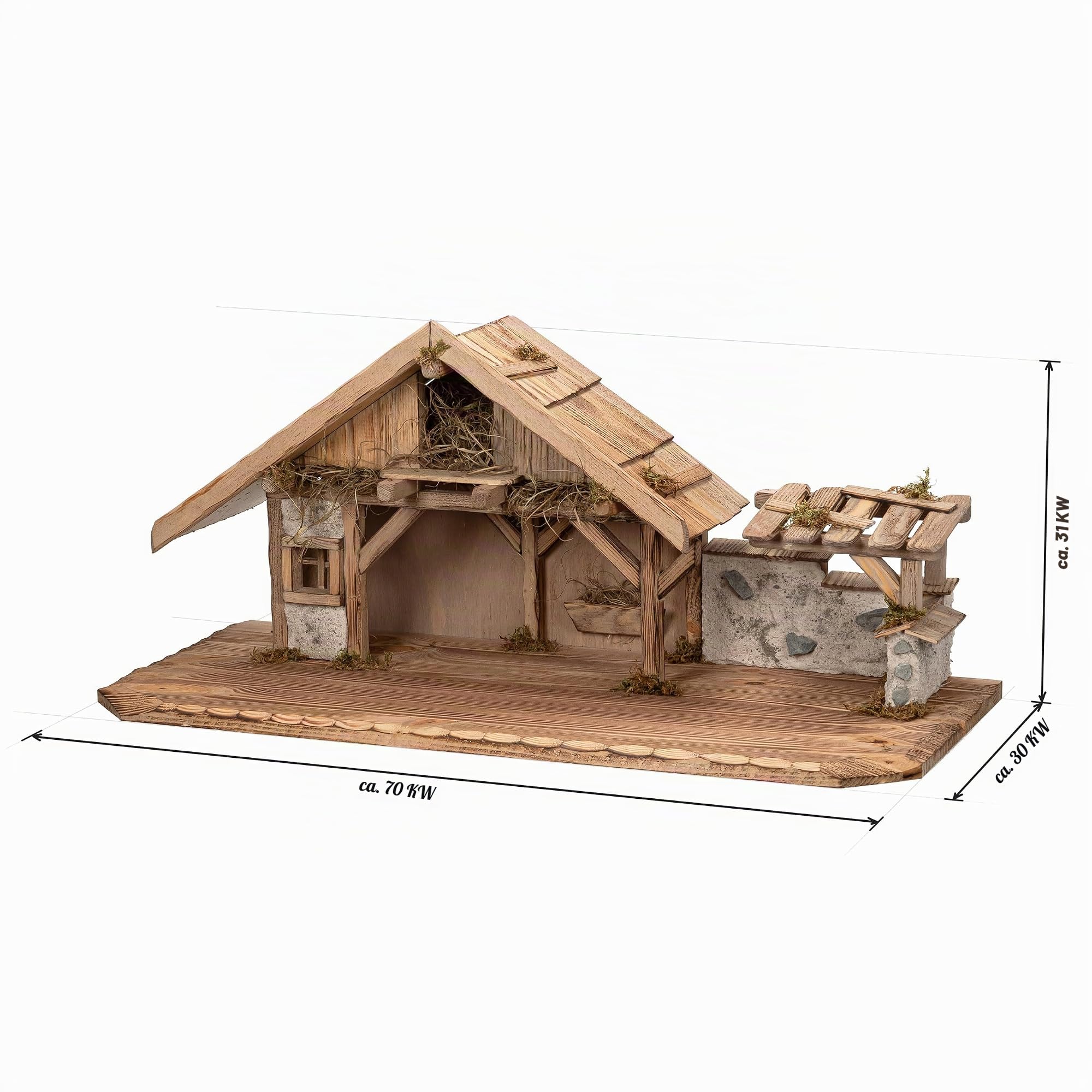 Bonetti Große Weihnachtskrippe | aus Holz und Gips gefertigt | mit Moos, Steinen und Stroh geschmückt | sehr detailreiche Krippe (ca. 70 x 30 x 31 cm (BxTxH))