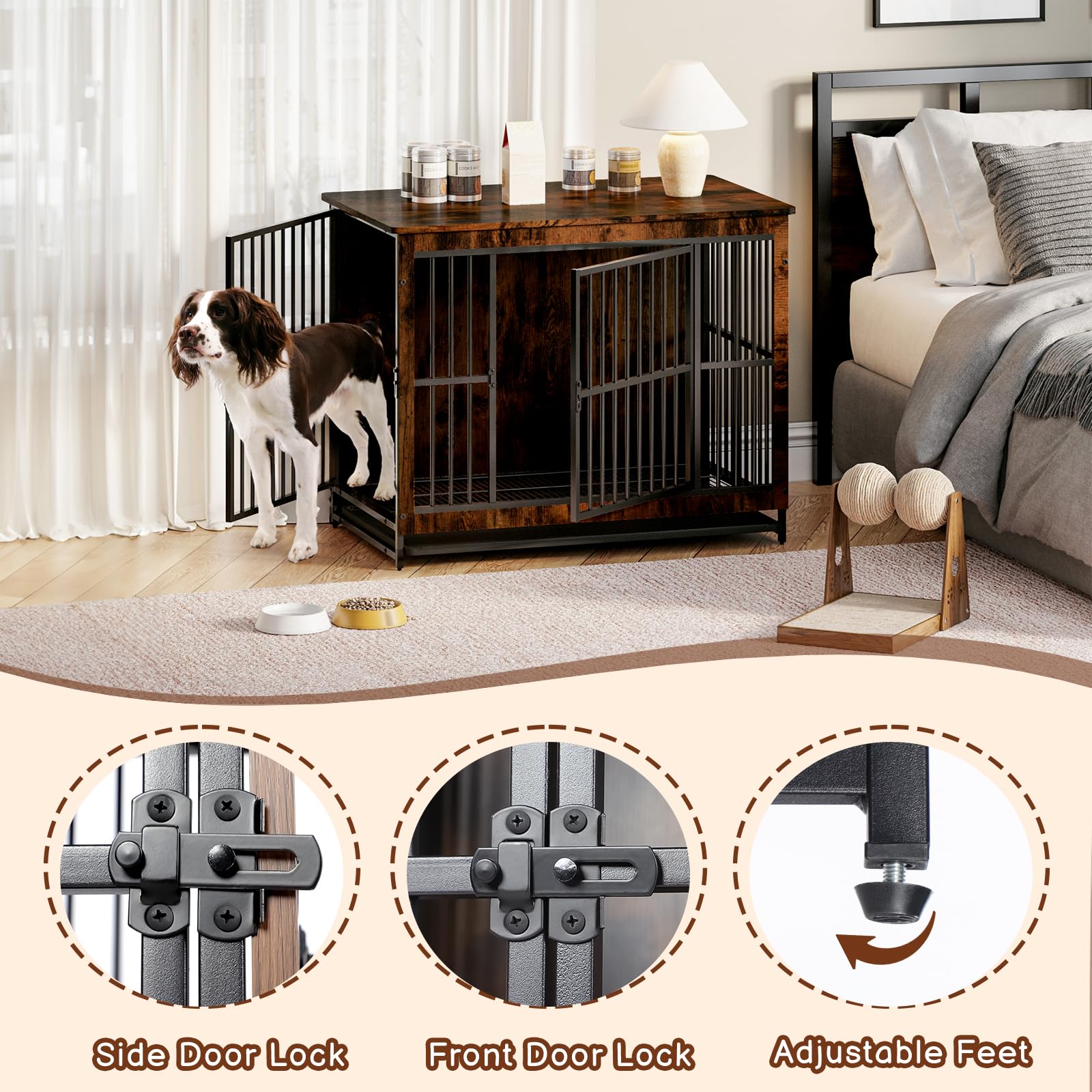 Hello-5ive Grande cage pour chien en bois avec double portes, niche d'intérieur robuste avec plateau amovible pour chiens de petite, moyenne et grande taille, table d'appoint d'appoint, 97,5 x 59 x