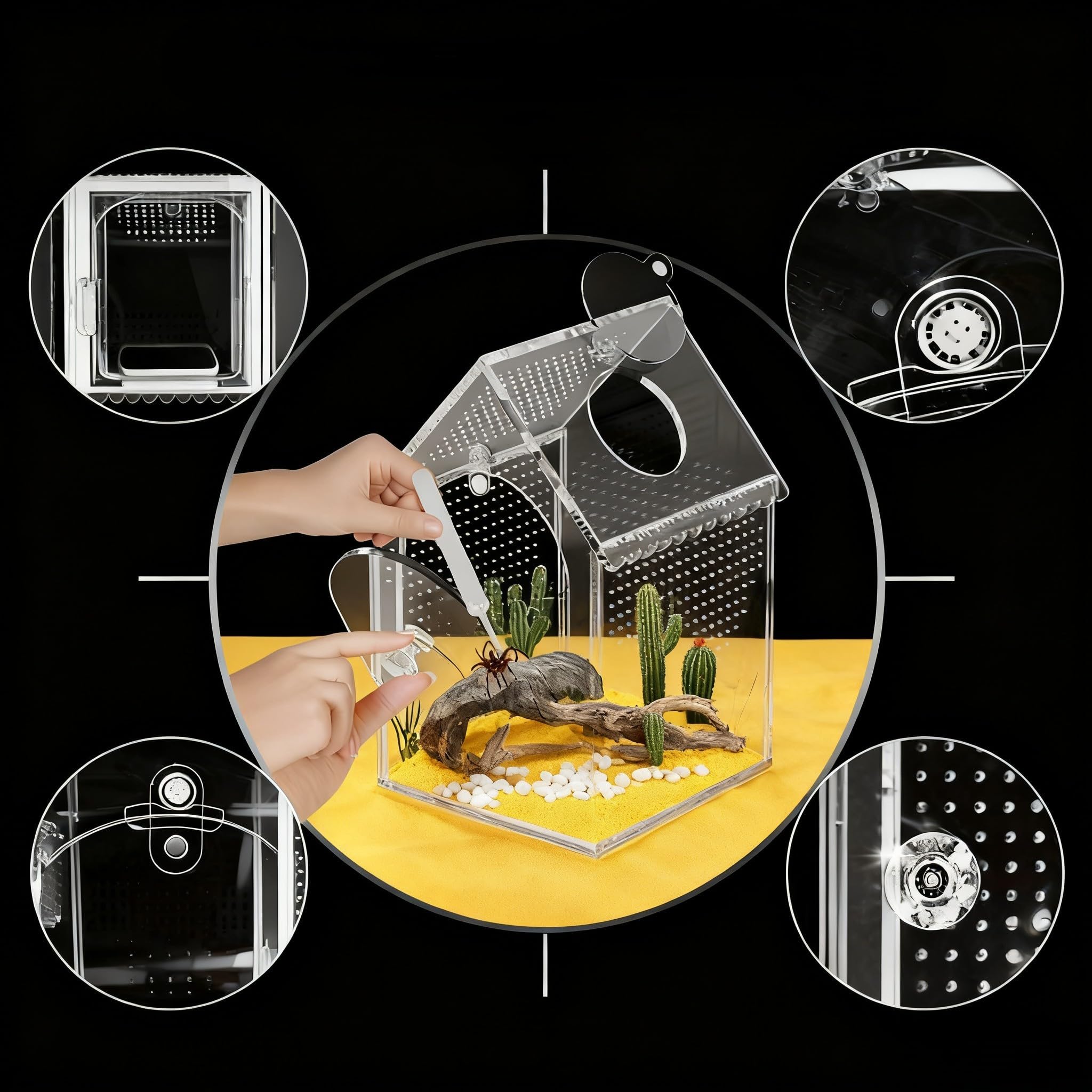 Recinzione a ragno in acrilico, 12,7 cm di lunghezza x 12,7 cm di larghezza x 20,3 cm di altezza, apertura frontale e porta di alimentazione, costruzione senza cuciture, robusto habitat acrilico