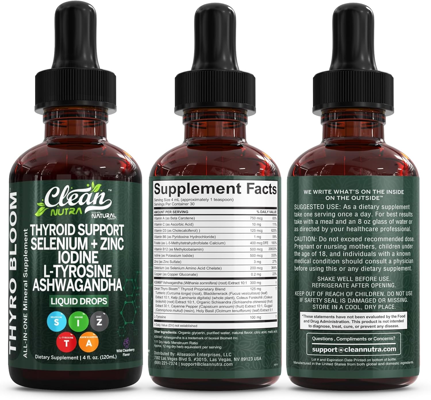 ThyroBloom Thyroid Support for Women Liquid Drops Iodine L-Tyrosine Selenium Copper Ashwagandha Zinc Kelp Bladderwrack Schisandra Guggul Turmeric Vitamin A D3 B12 Folate Supplement by Clean Nutra 4oz