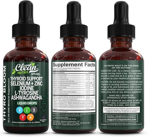 ThyroBloom Thyroid Support for Women Liquid Drops Iodine L-Tyrosine Selenium Copper Ashwagandha Zinc Kelp Bladderwrack Schisandra Guggul Turmeric Vitamin A D3 B12 Folate Supplement by Clean Nutra 4oz