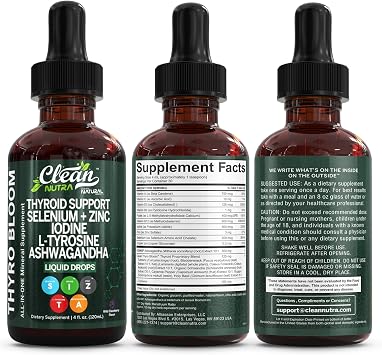 ThyroBloom Thyroid Support for Women Liquid Drops Iodine L-Tyrosine Selenium Copper Ashwagandha Zinc Kelp Bladderwrack Schisandra Guggul Turmeric Vitamin A D3 B12 Folate Supplement by Clean Nutra 4oz