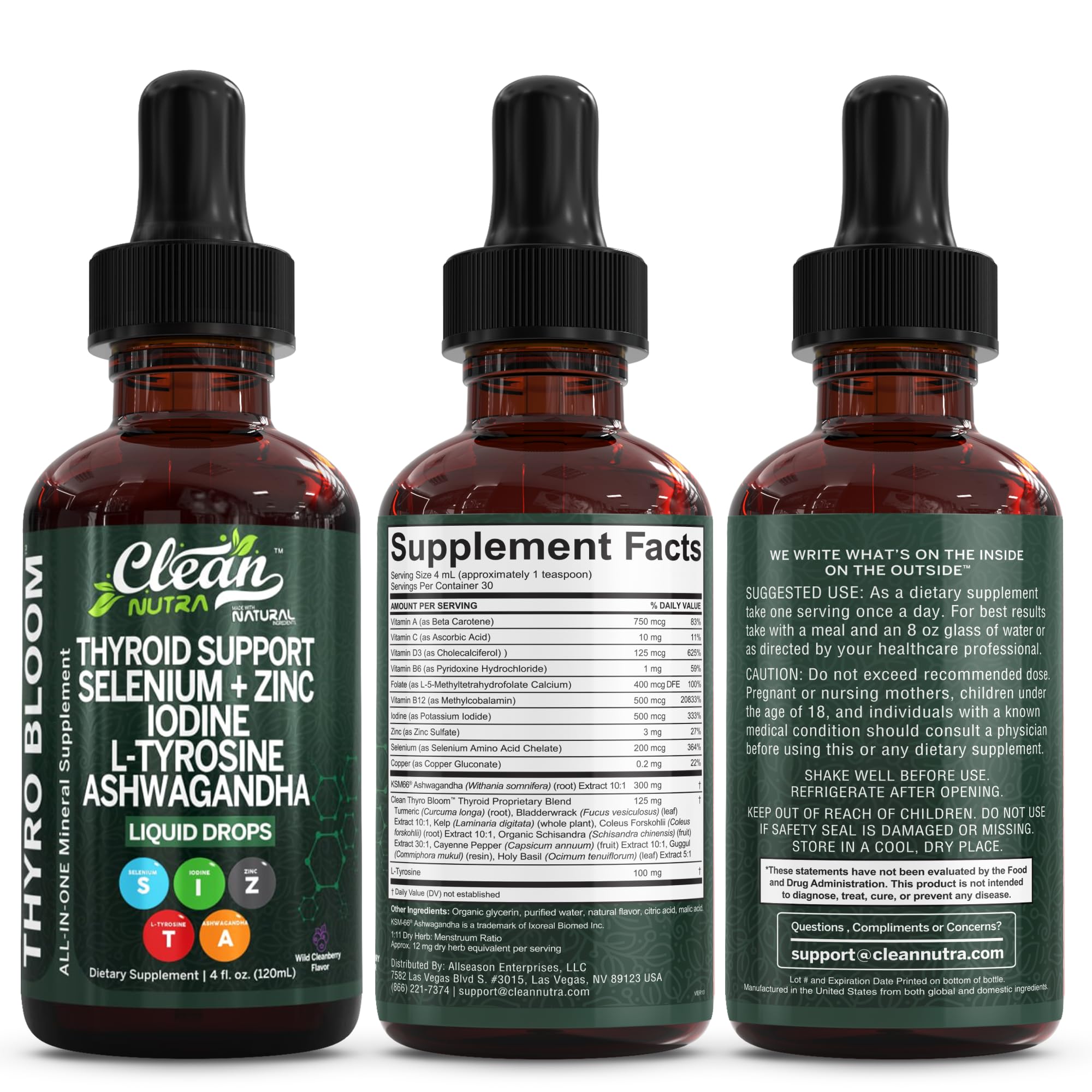 ThyroBloom Thyroid Support for Women Liquid Drops Iodine L-Tyrosine Selenium Copper Ashwagandha Zinc Kelp Bladderwrack Schisandra Guggul Turmeric Vitamin A D3 B12 Folate Supplement by Clean Nutra 4oz — Amazon image 5