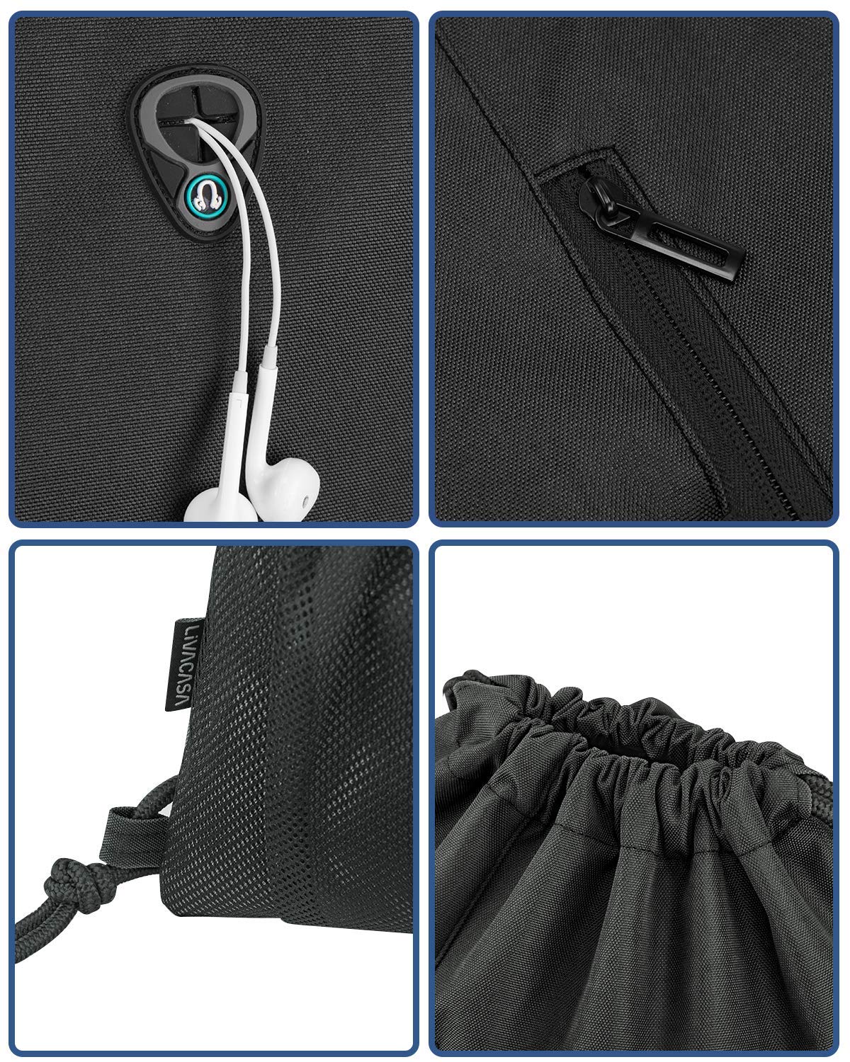 LIVACASA Mochilas de Cuerdas Mujer Hombre Toma USB para Auriculares con Bolsillos Mallas para Botellas Tela Oxford Bolsa de Cuerdas Mochilas Impermeables para Yoga Gimnasio Deportes — view 6