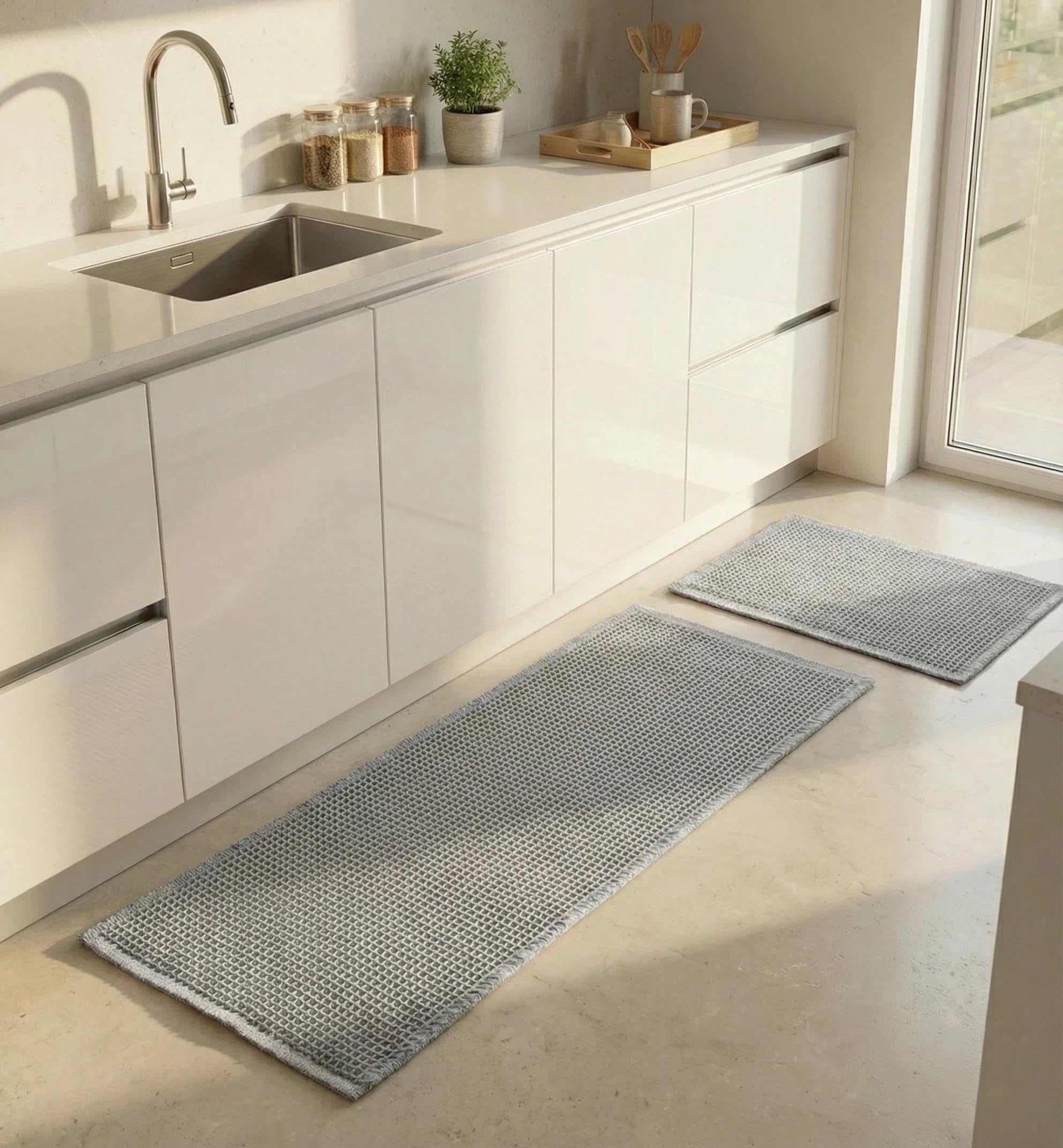 URMONA Großes Badteppich Set 2 Teilig, 50 x 121 cm + 43 x 61 cm, Badezimmermatte Deko, Boho Bath Mat, rutschfest Duschvorleger für Badezimmer Wohnzimmer Schlafzimmer(Grau Weiß)