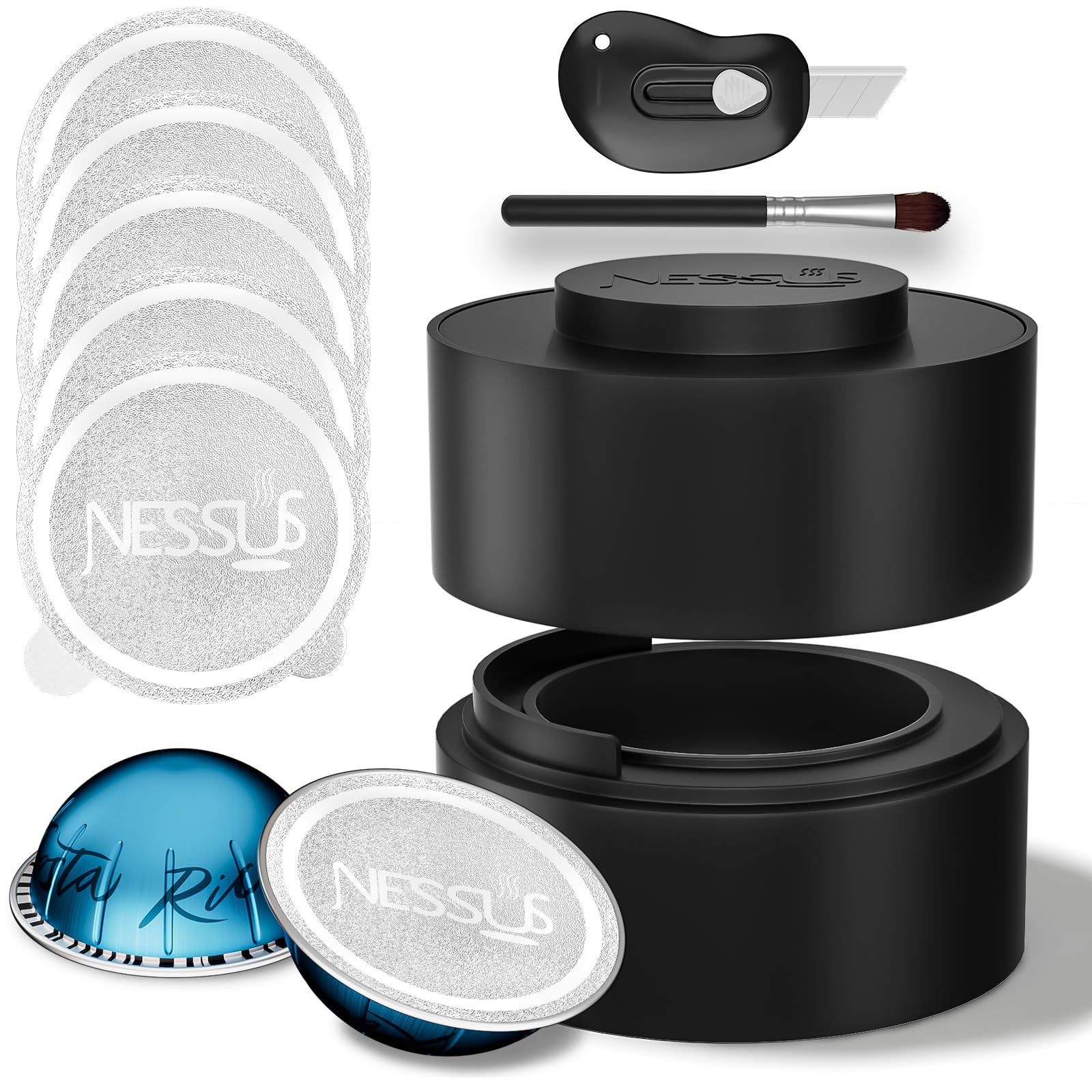 Kit de cápsulas reutilizables para Nespresso Vertuo, cápsulas de café Vertuo recargables con 100 tapas de aluminio y sellos de aluminio