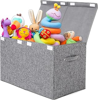 popoly Large Collapsible Toy Box Storage Chest with Lid & Sturdy Rivet Handles, 25x13x16 Inch Toy Organizer for Kids Playroom, Bedroom - Linen Gray