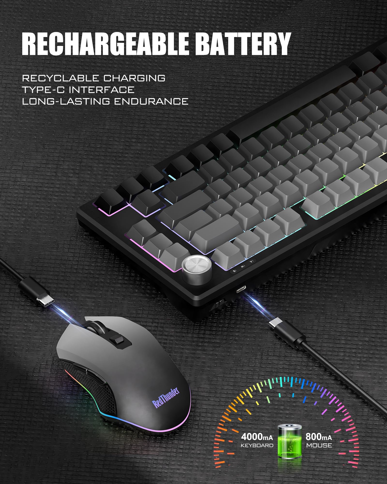 RedThunder K75 75% Wireless Membrane Keyboard and Mouse,3-Mode 2.4G/BT/USB-C,US Layout Side-Engraved,Volume Knob,TKL Ultra Compact Design,Optical Gaming Mouse with 4800DPI for PC Mac (Gradient Gray) — view 8