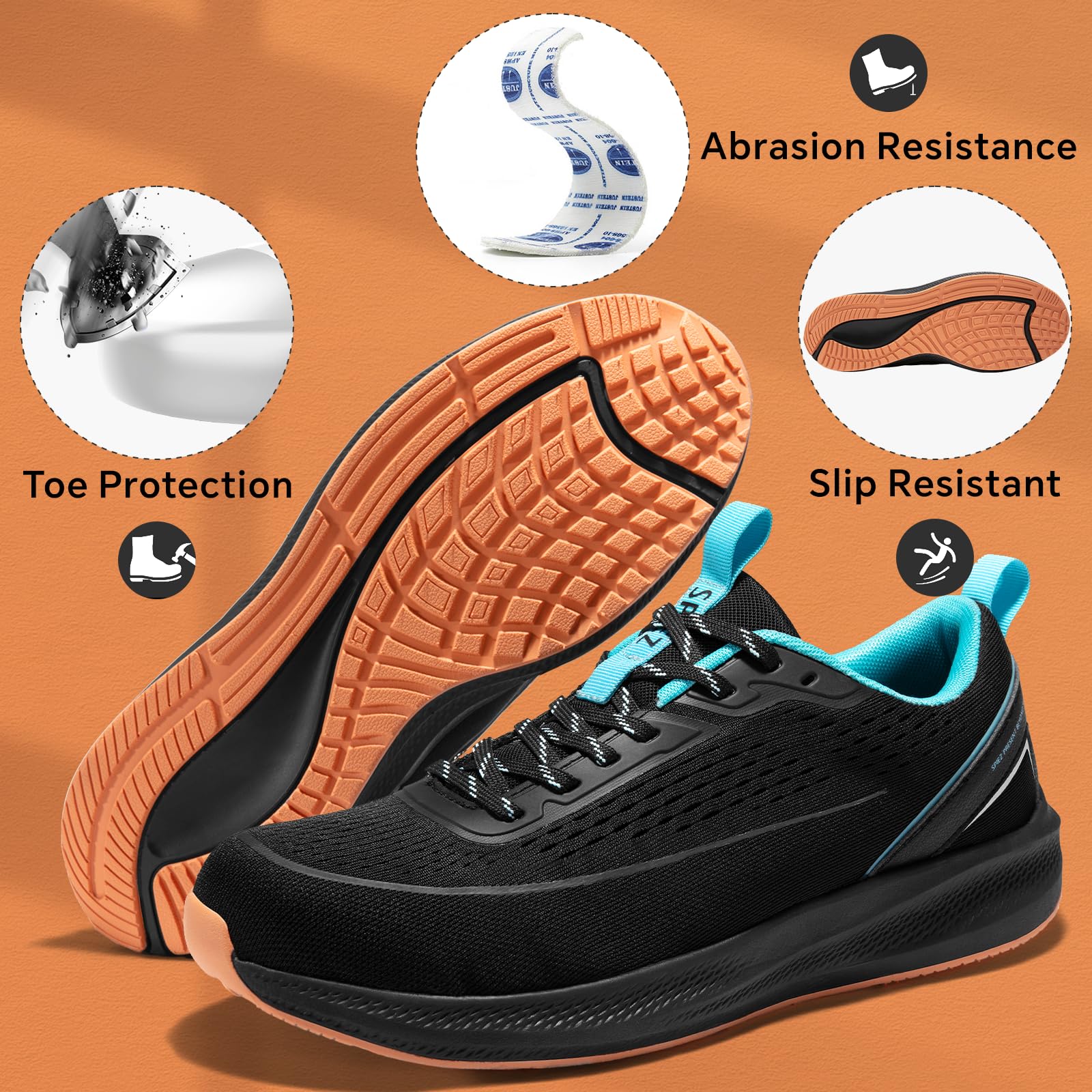 SPIEZ Arbeitsschuhe Herren, Nicht Stahlkappenschuhe Leicht Atmungsaktive Orthopädische Einlegesohlen Sicherheitsschuhe Schwarz EU40-46