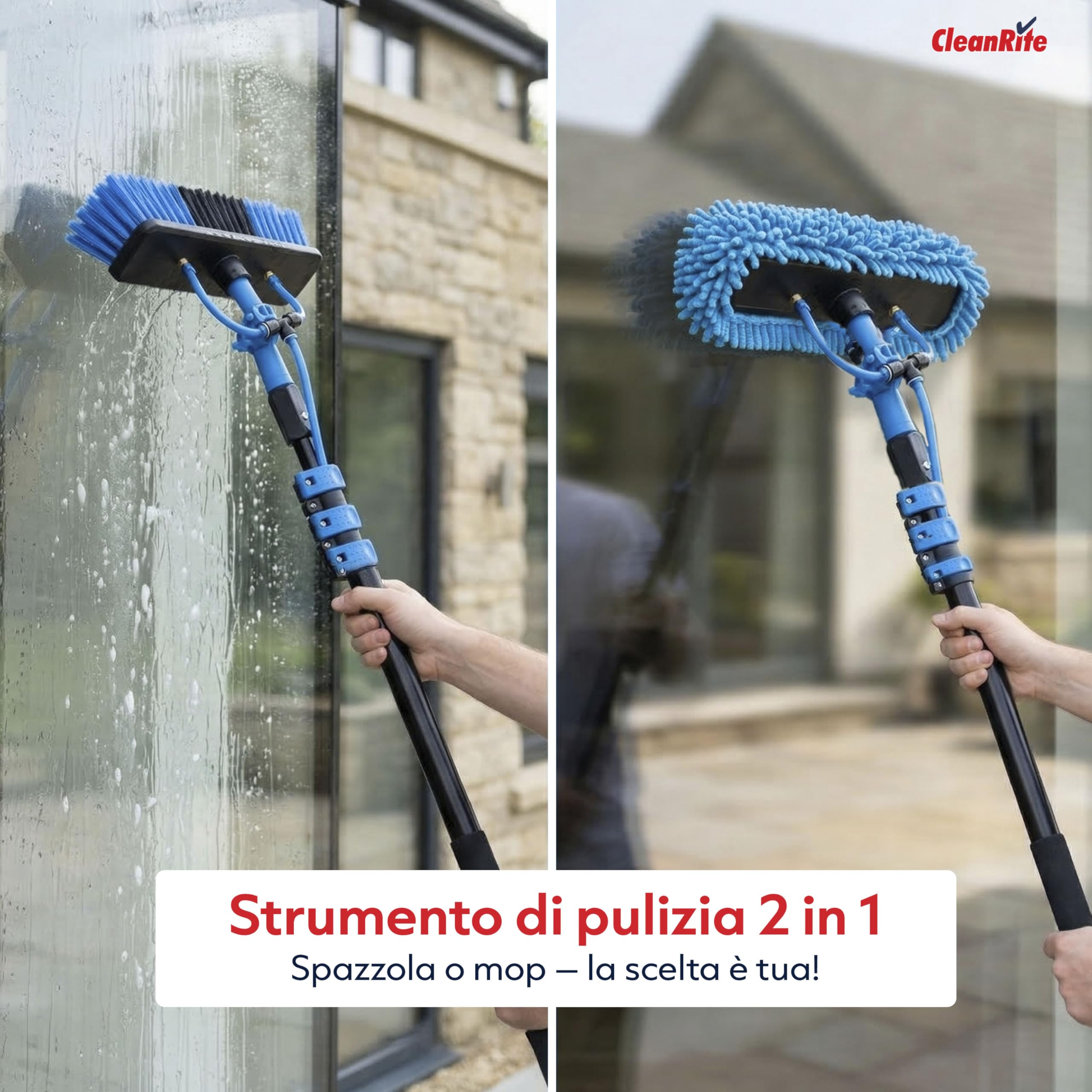 CleanRite® Asta Telescopica 4,7 m | Spazzola Lavaggio Telescopica con Attacco Acqua | Testa Regolabile con Serbatoio Sapone | Pulizia Auto, Vetri, Pannelli Fotovoltaici | Nero