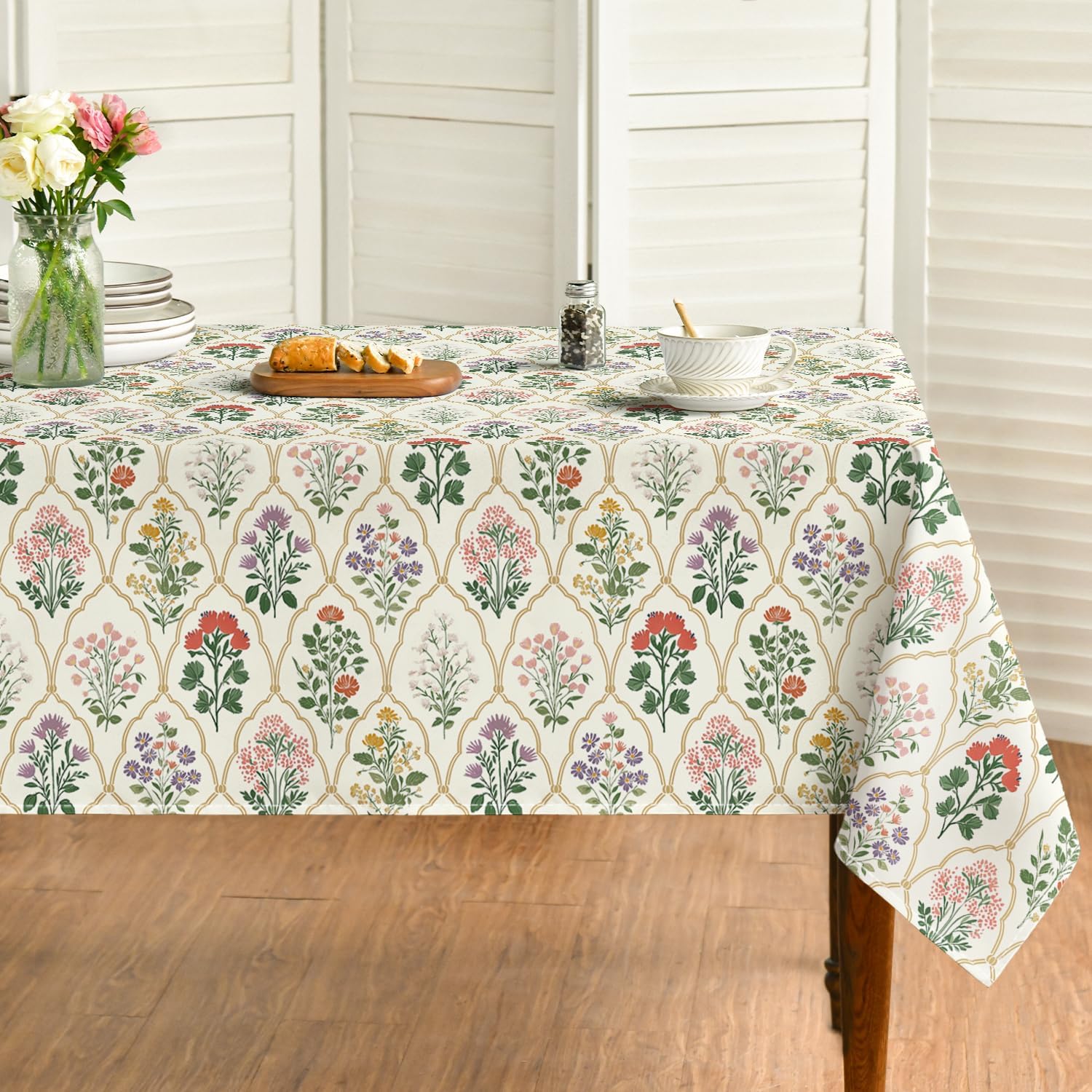 Horaldaily Spring Tablecloth 60×84 Inch Rectangular, Beige Vintage Art Deco Floral Washable Seasonal Table Cover for Party Picnic Dinner Decor