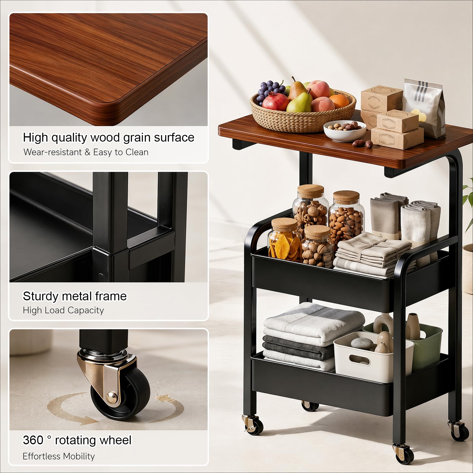 Carrito con ruedas de 3 niveles, carrito de cocina con ruedas, carrito de libros, carrito de servir, carrito de manualidades, carrito de metal con tablero de mesa, estante multifuncional para