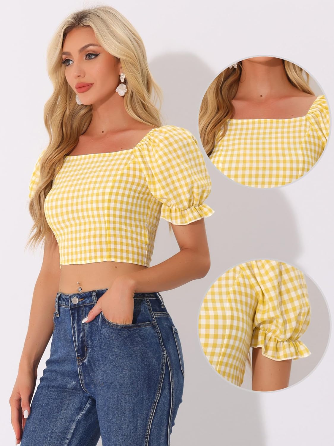 Allegra K Smocked Crop Top for Women's Bubble Sleeve Peasant Gingham Plaid Tops - Image 2