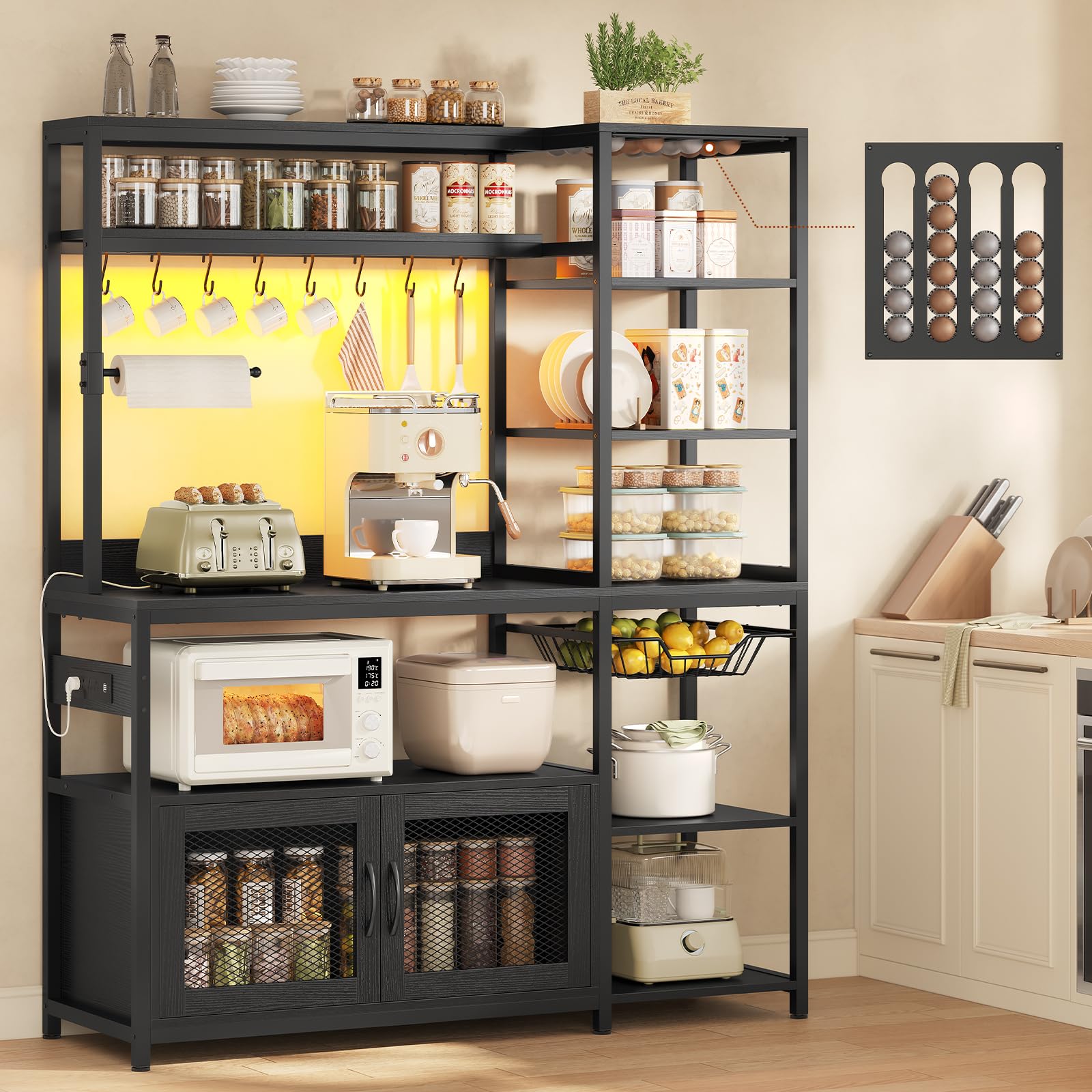 47.2 in Bakers Rack with Power Outlet & LED Light, Coffee Bar with Coffee Pod Holder for Vetuo, Kitchen Microwave Stand with Storage Shelves, Paper