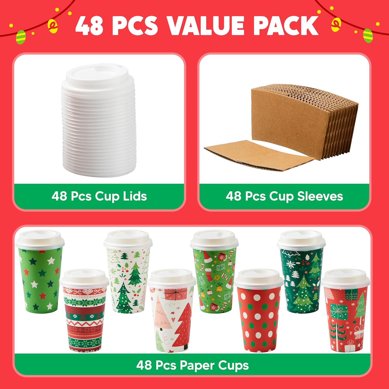 JOYIN 48 Pcs Merry Christmas Disposable Cups with Sleeves and Lids, 8 Designs Xmas Drinkware 16 oz Paper Cup For Hot Chocolate Coffee Cold Beverage Holiday Tableware Winter Party Supplies Favors