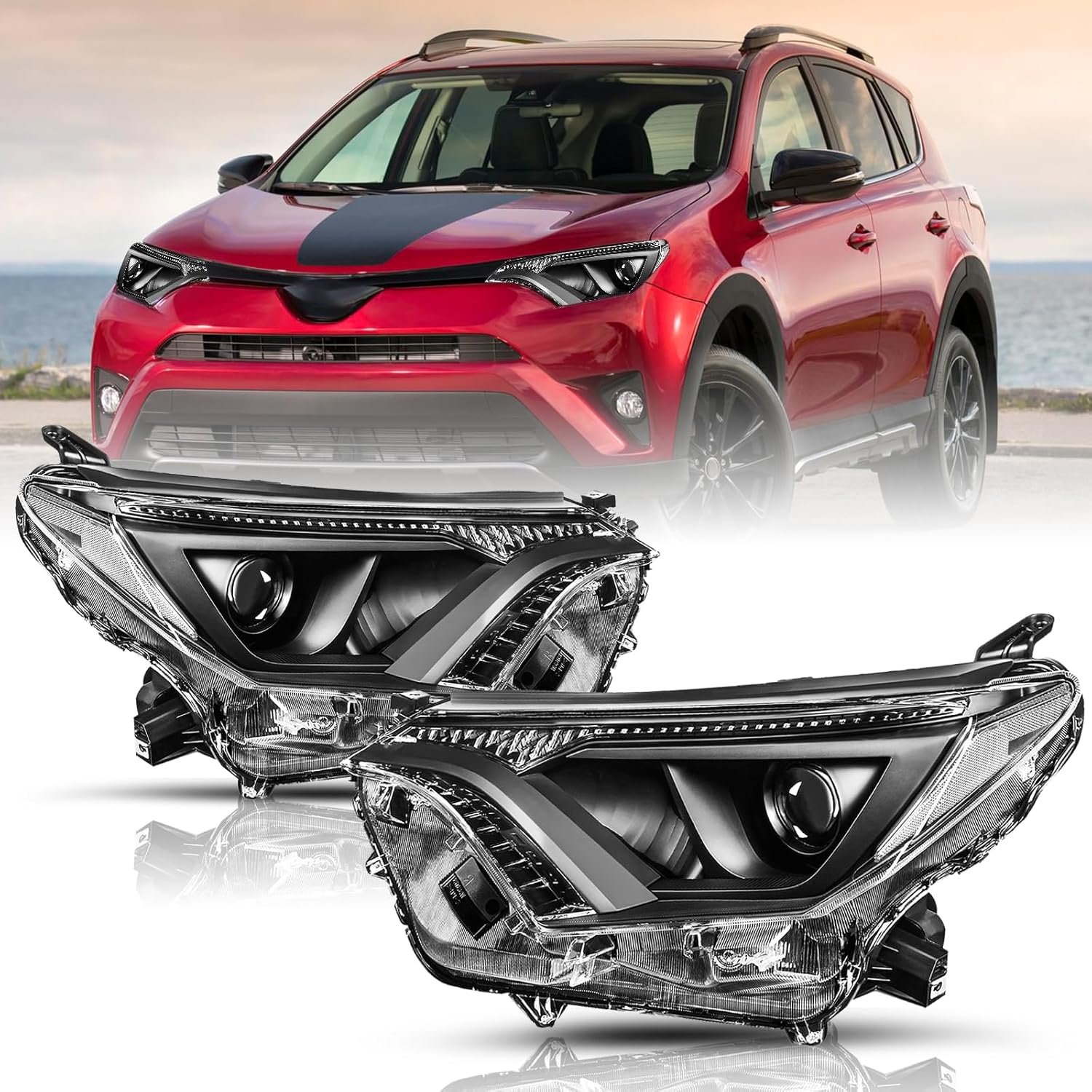 Headlight Assembly w/o LED fits For 2016 2017 2018 Toyota RAV4 16 17 18 Halogen Headlamp Left Driver and Right Passenger Side Black Housing with Amber Reflector