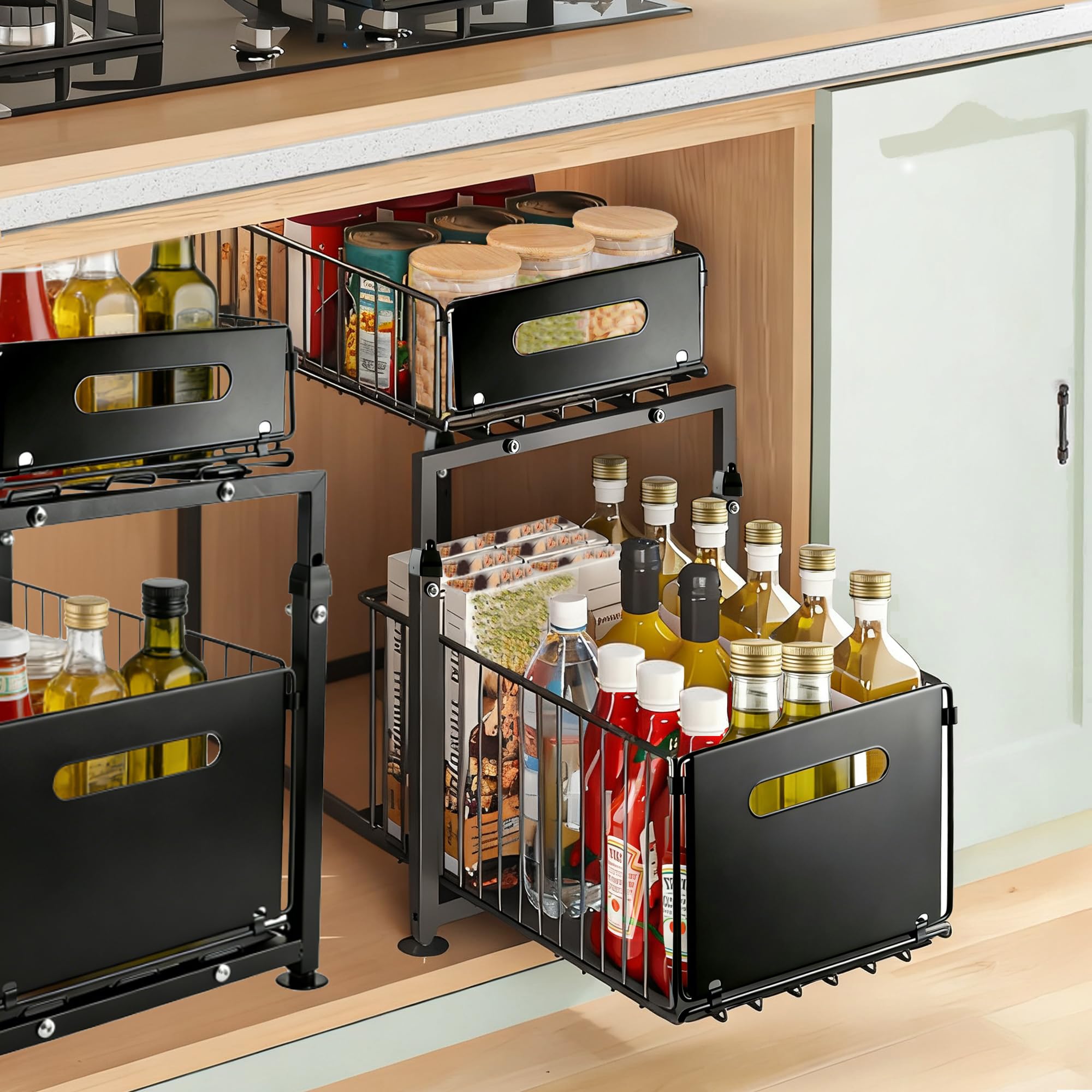 Organizer sotto il lavello a 2 ripiani con cassetto scorrevole estraibile, in metallo resistente, scaffale da cucina regolabile in altezza per bagno, scaffale salvaspazio (nero)