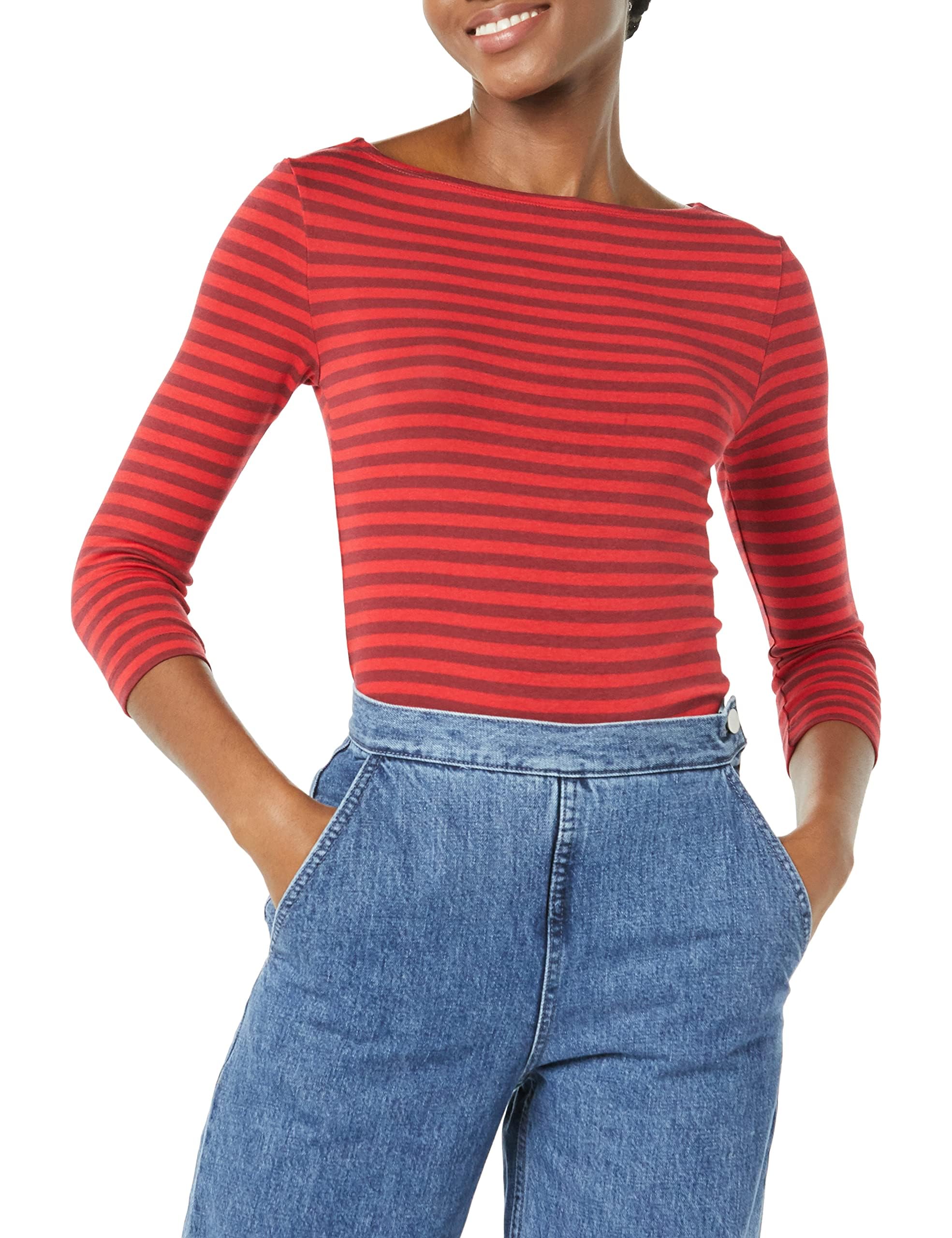 Amazon Essentials Damen Bateau-Ausschnitt T-Shirt mit 3/4-Ärmeln, Schmale Passform, Rot Burgunderrot Streifen, L