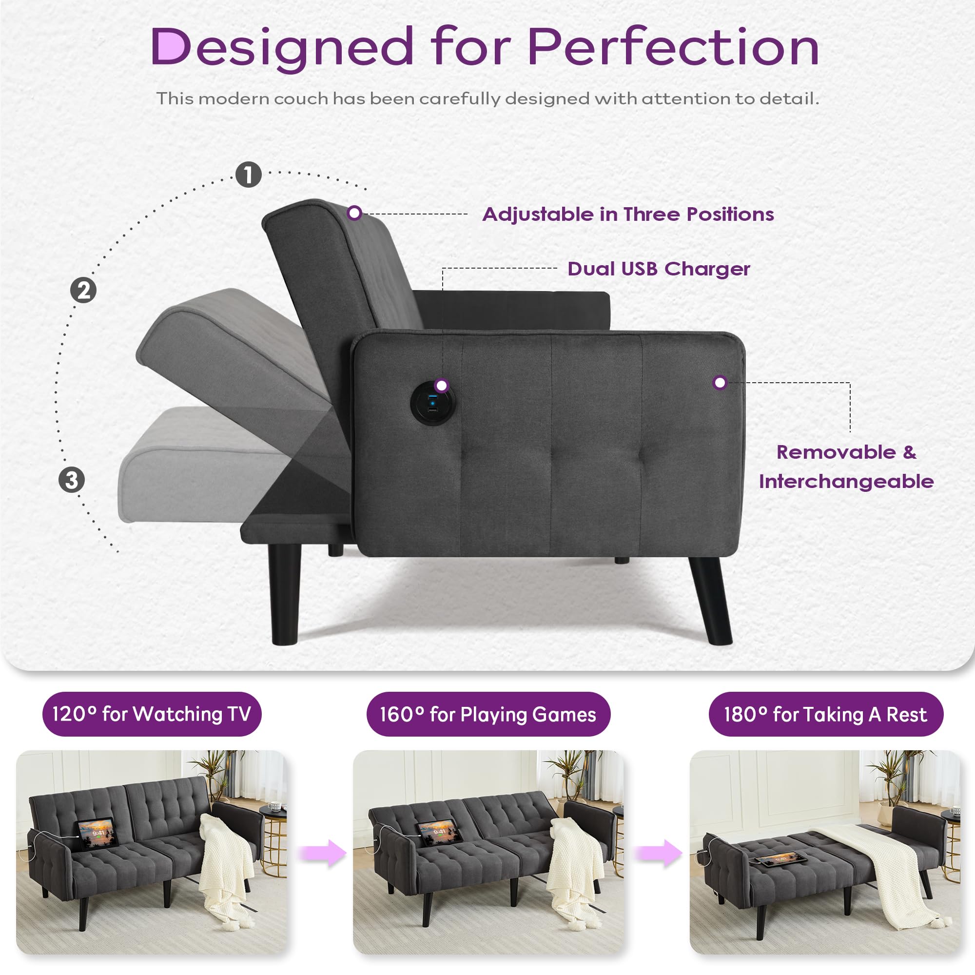 65'' Convertible Futon Sofa Bed with USB, Small Couch for Living Room | Sleeper Sofa, Adjustable Folding Couch with Tufted Design and 2 USB Ports, Bedroom Apartment Office, Dark Grey