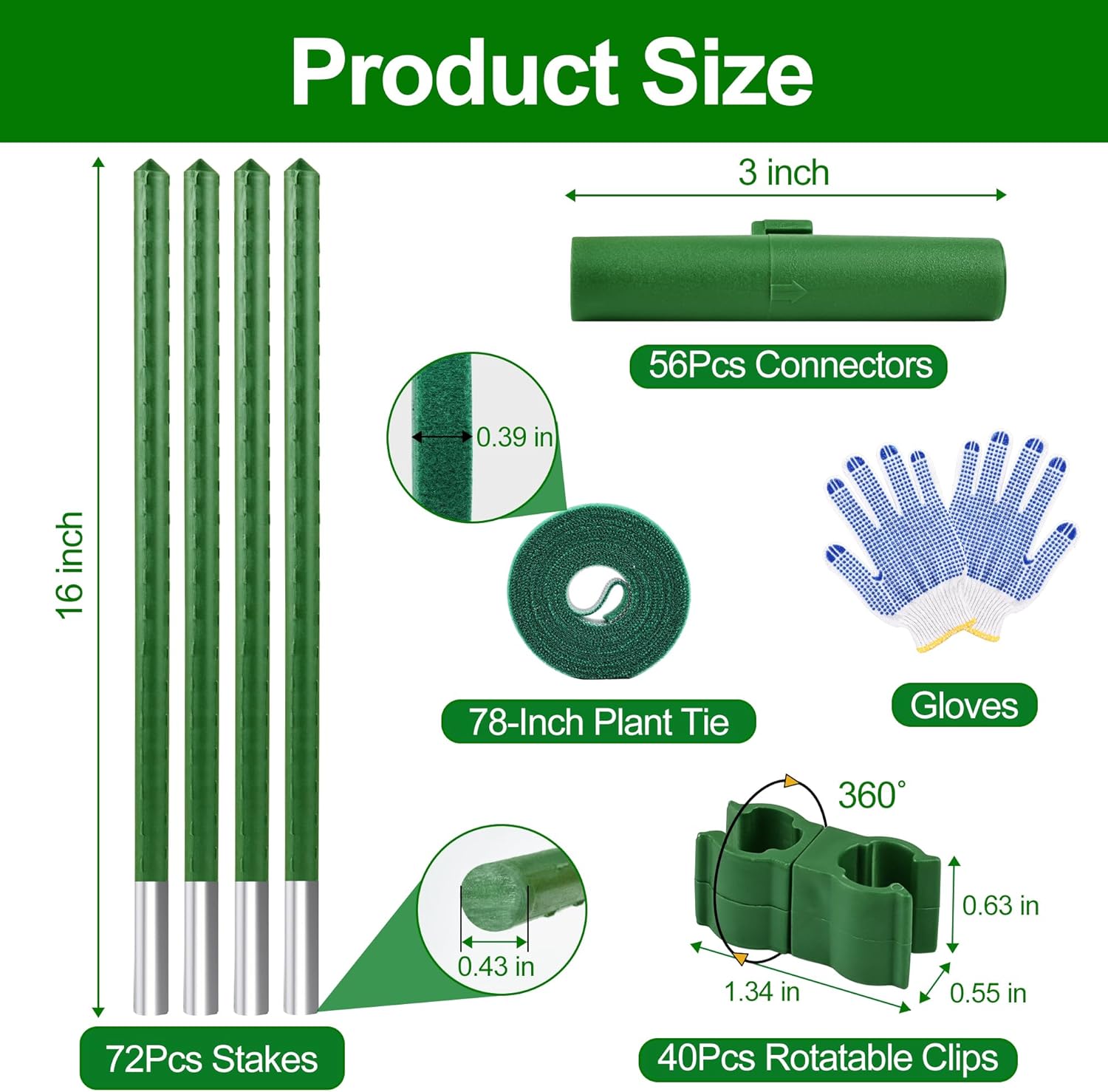 WAENLIR 16 Inch 72 Pack Extendable Garden Stakes Kit, DIY 4ft 5ft 6ft 7ft 8ft Plant Support Stakes with Connectors and Clips, Plastic Coated Metal Sticks for Tomato Indoor Outdoor