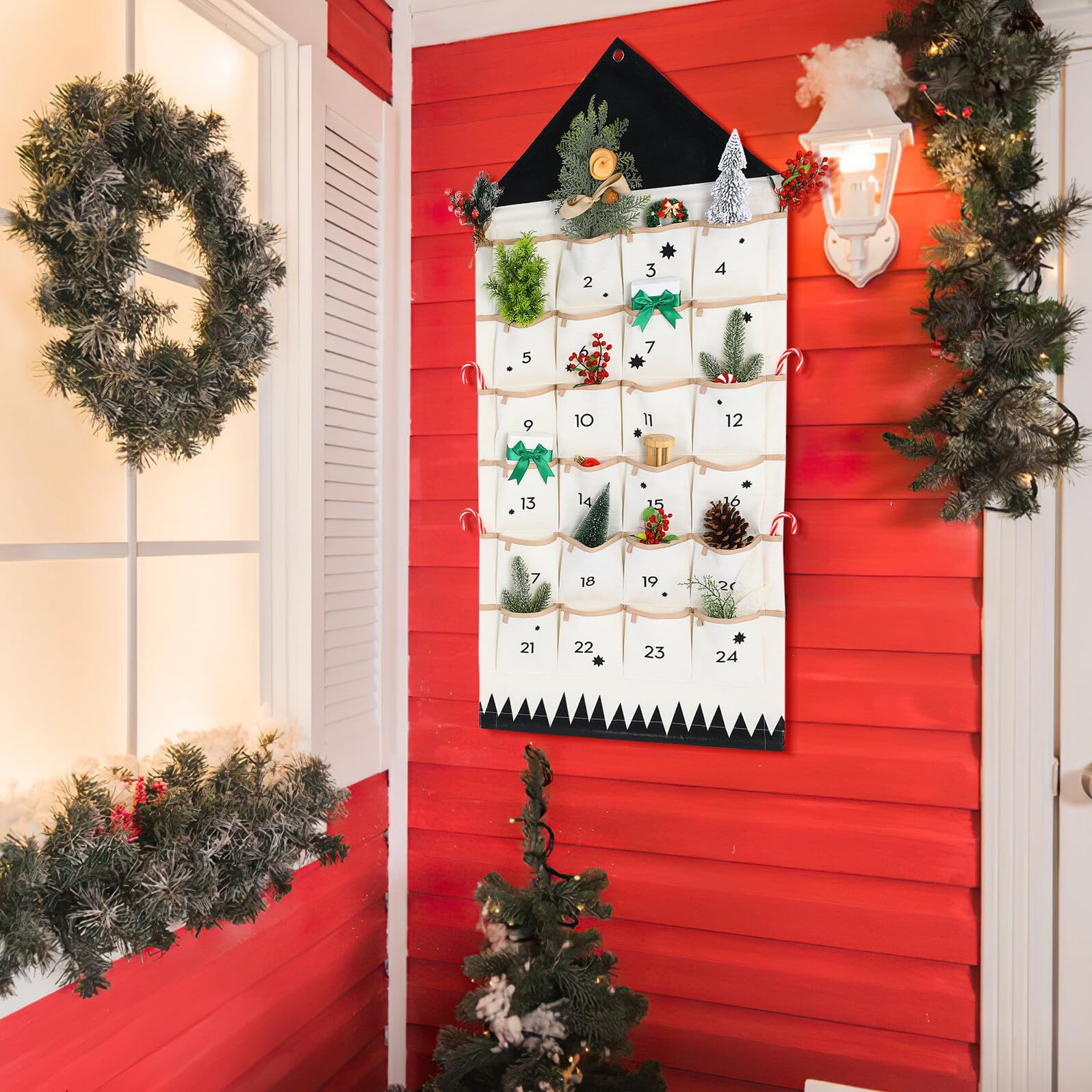 Weihnachts Adventskalender Aufbewahrungstasche aus Stoff 24 Taschen Hängender Wandschmuck Organizer für Kinderzimmer und Weihnachtsdeko